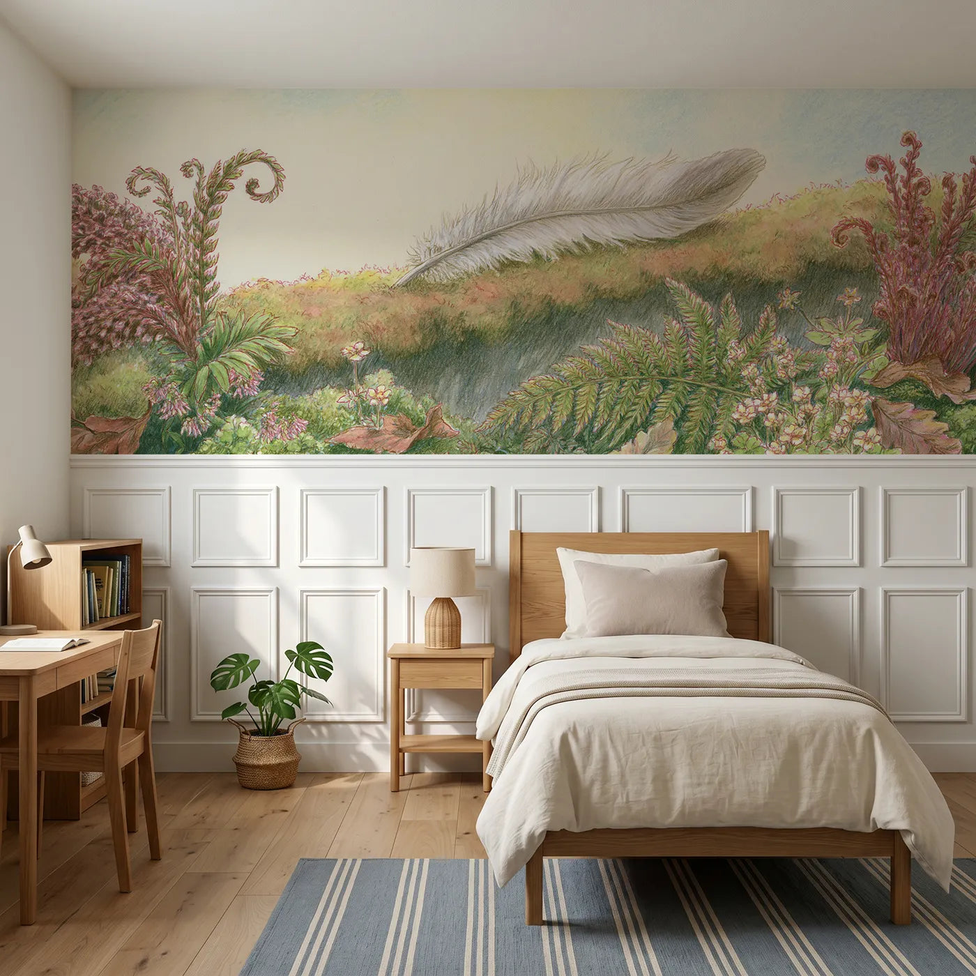 Colored pencil wainscoting wallpaper of an owl feather on the fern bank by Whimsy Tots