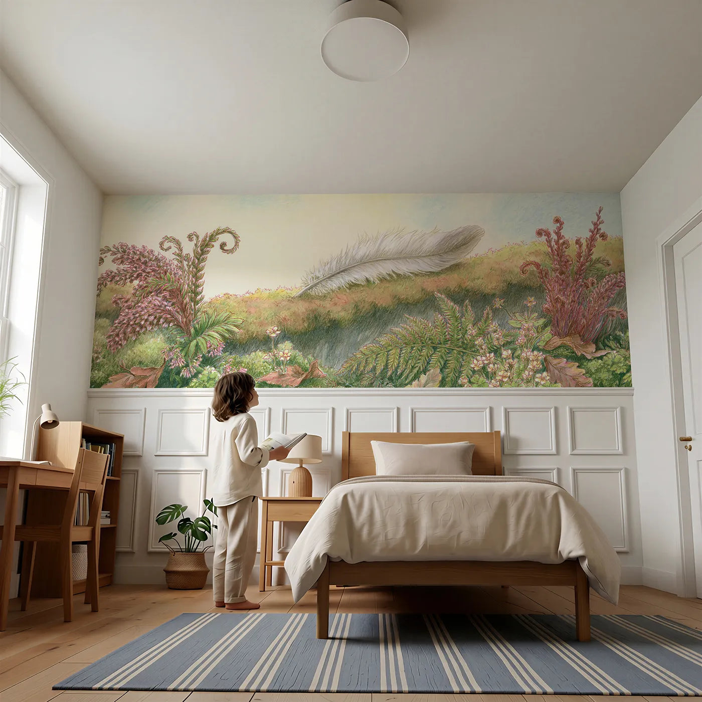Child reading near Owl Feather On The Fern Bank Wainscoting Wallpaper by Whimsy Tots