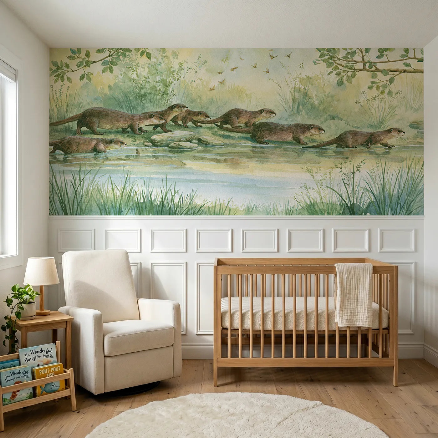Storybook wainscoting wallpaper of an otter family on the bank by Whimsy Tots