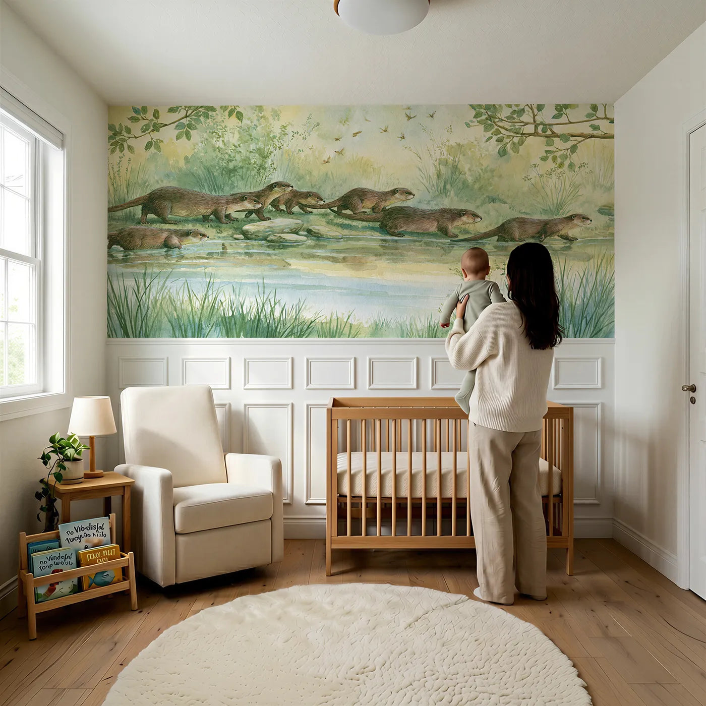 Child reading near Otter Family On The Bank Wainscoting Wallpaper by Whimsy Tots