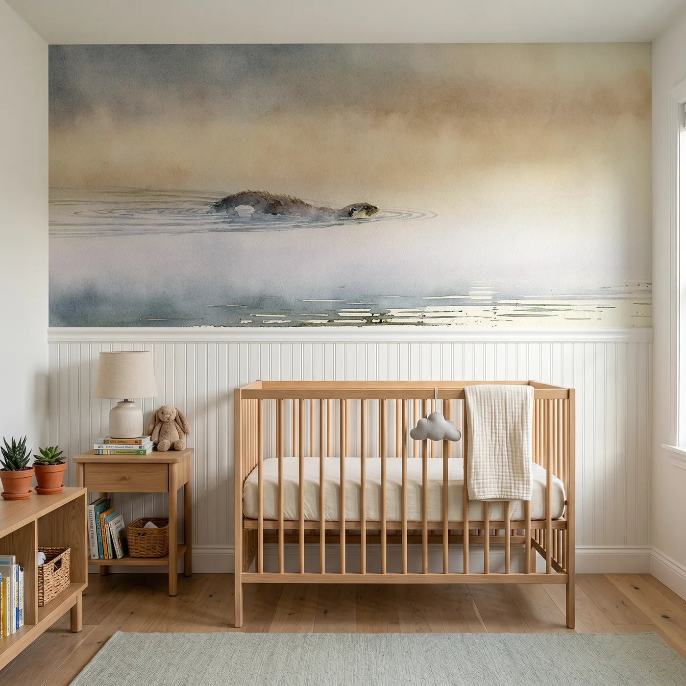 Watercolor wainscoting wallpaper of an otter porpoising up the pool by Whimsy Tots