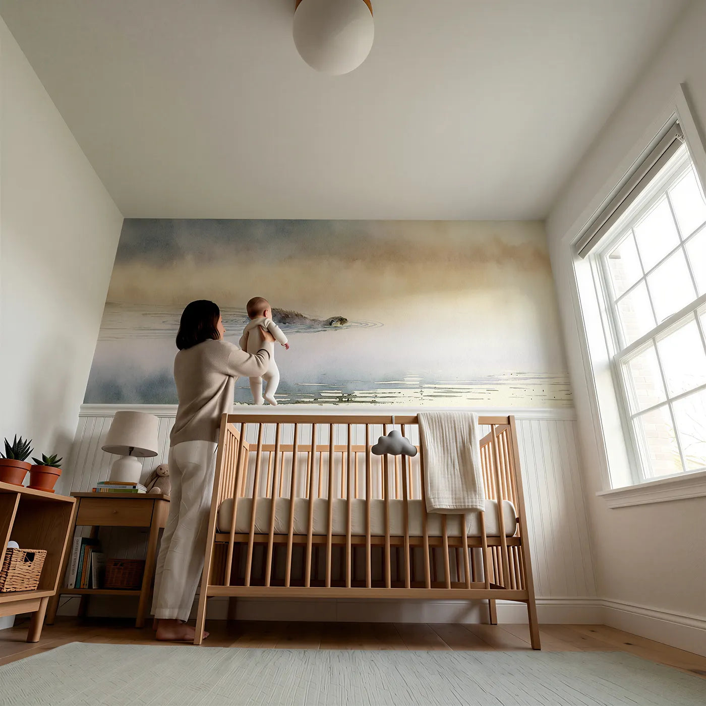Child reading near Porpoising Up The Pool Wainscoting Wallpaper by Whimsy Tots