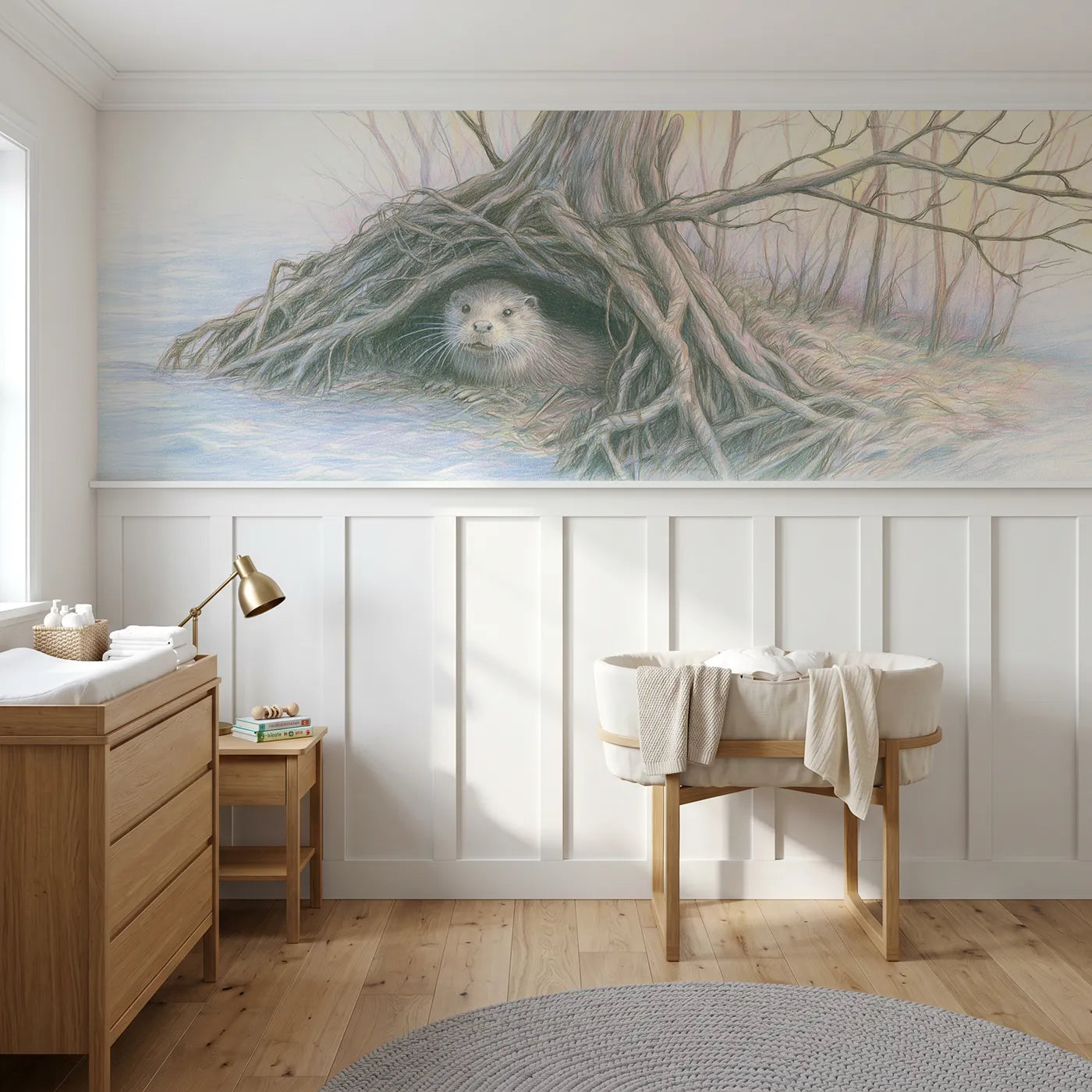 Colored pencil wainscoting wallpaper of an otter in the roots by Whimsy Tots