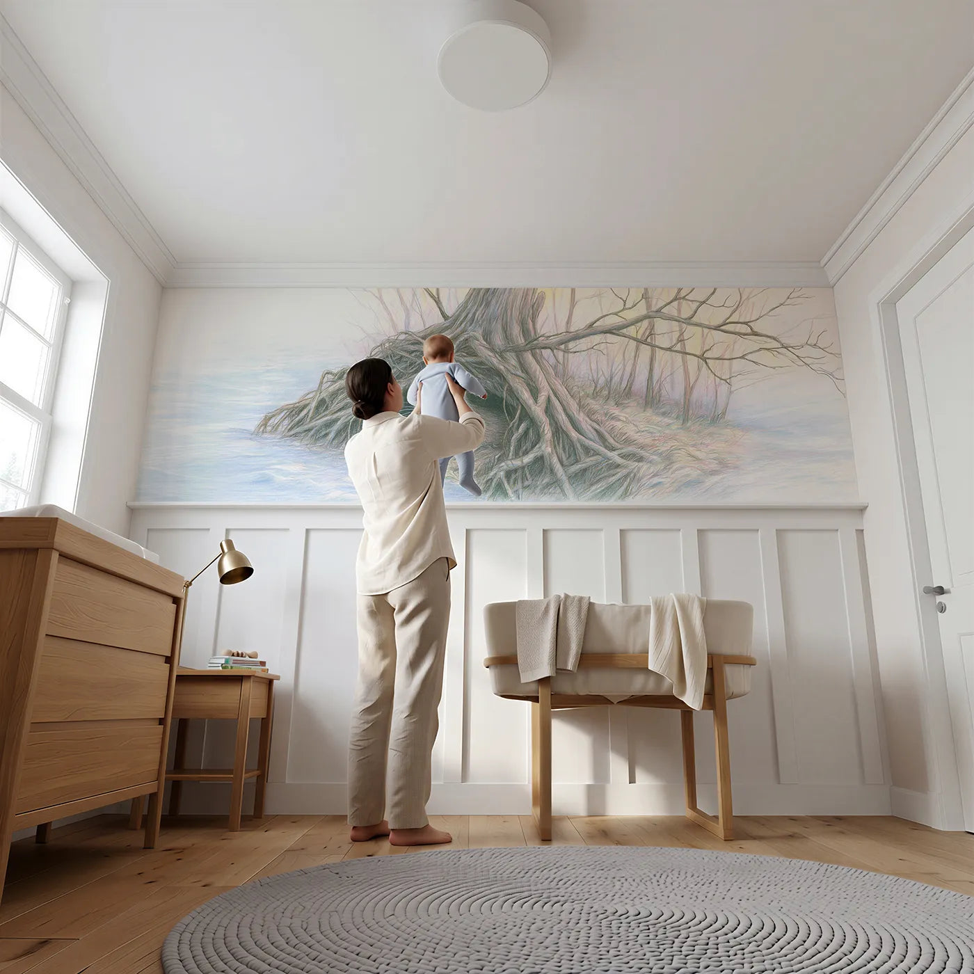 Child reading near Otter In The Roots Wainscoting Wallpaper by Whimsy Tots