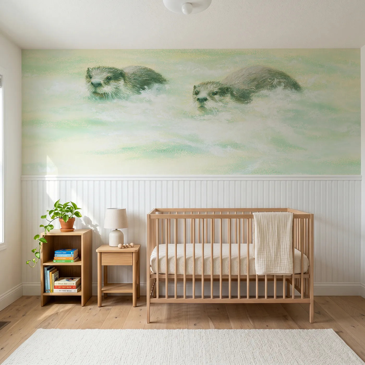 Soft pastel wainscoting wallpaper of otter play in the riffle by Whimsy Tots