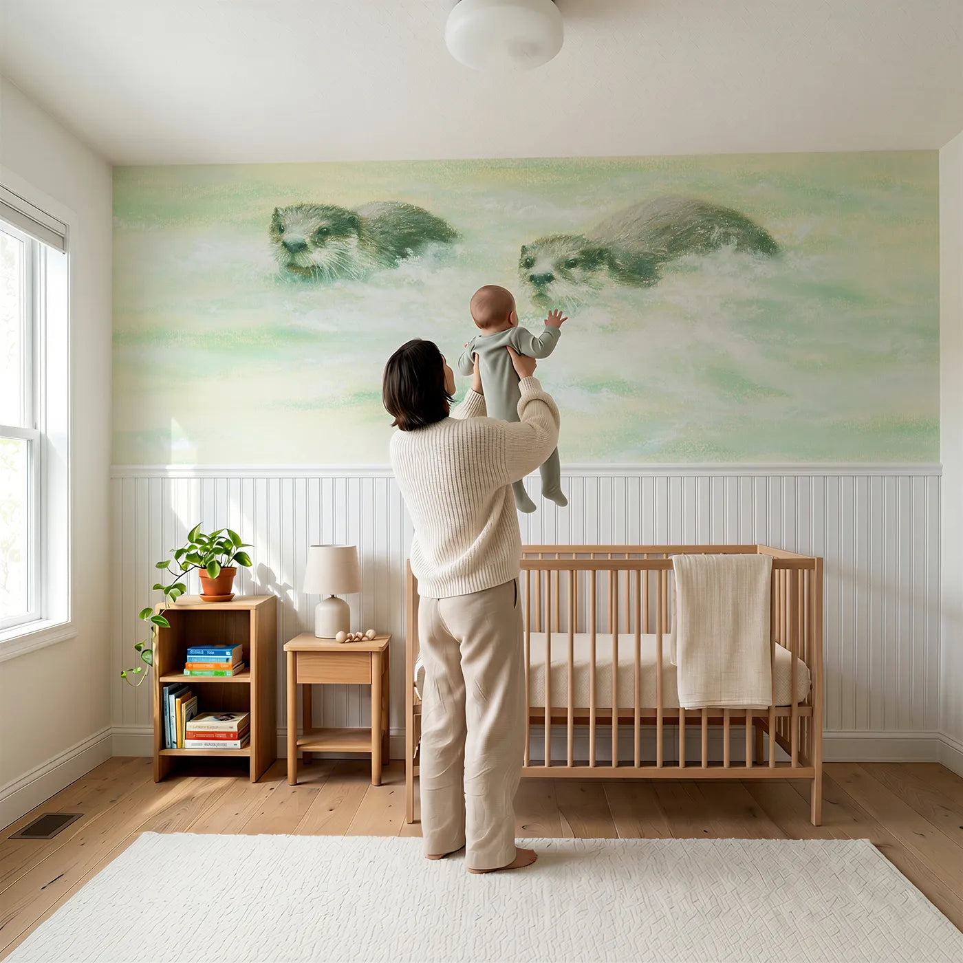 Child reading near Play In The Riffle Wainscoting Wallpaper by Whimsy Tots