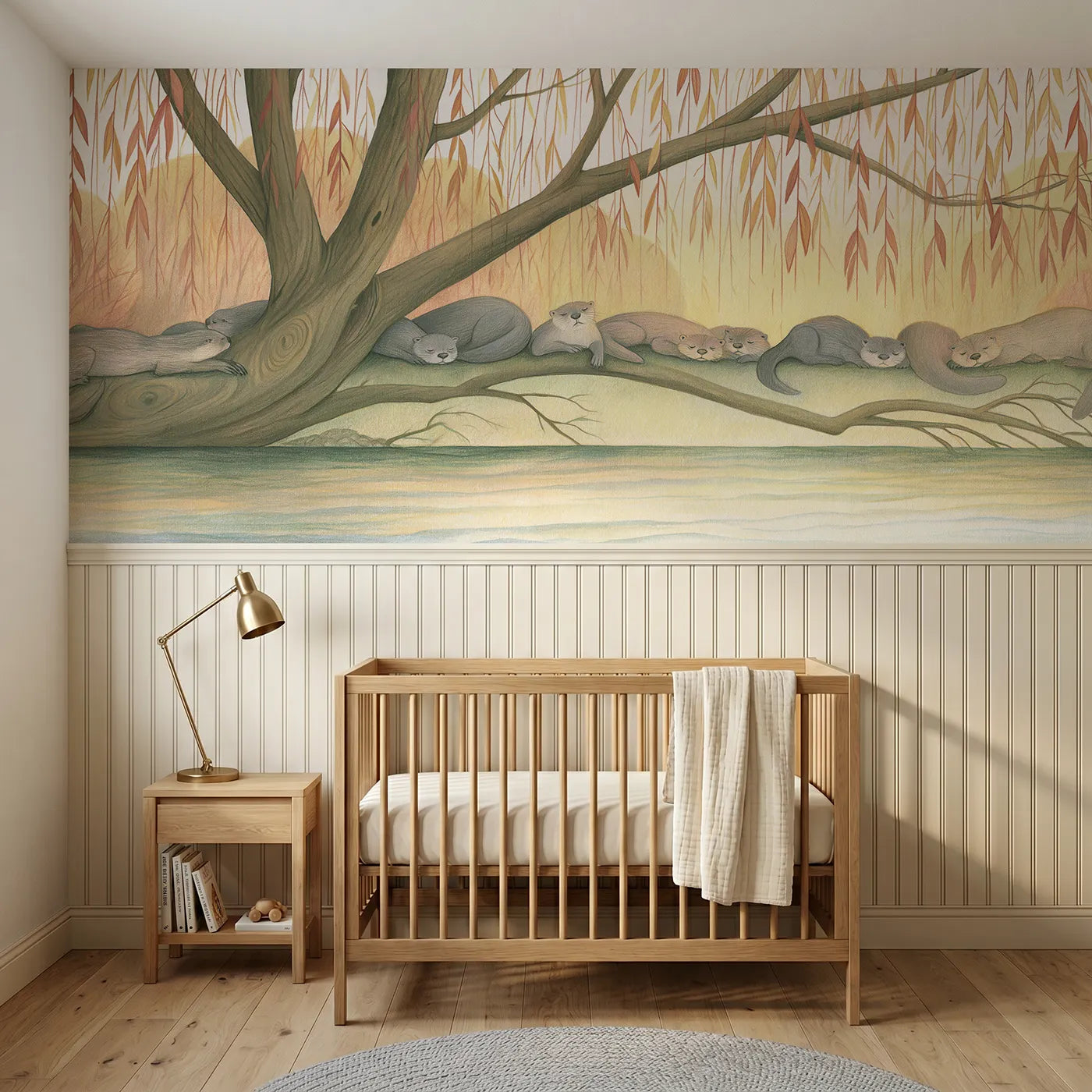 Colored pencil wainscoting wallpaper of otters on the willow by Whimsy Tots