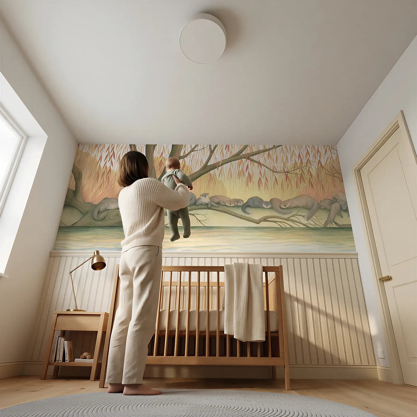 Child reading near Otters On The Willow Wainscoting Wallpaper by Whimsy Tots
