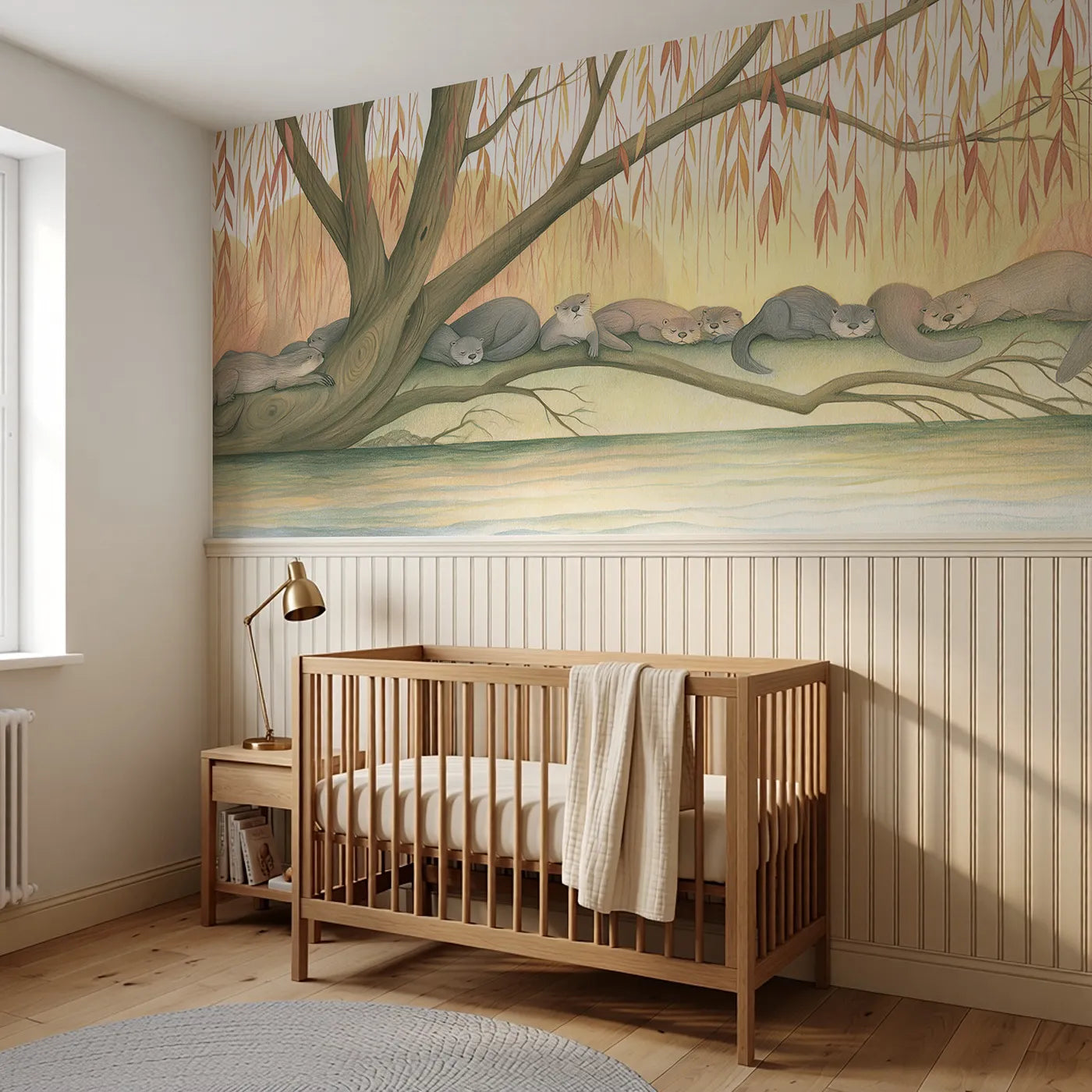 Otters On The Willow Wainscoting Wallpaper styled in a kids room by Whimsy Tots