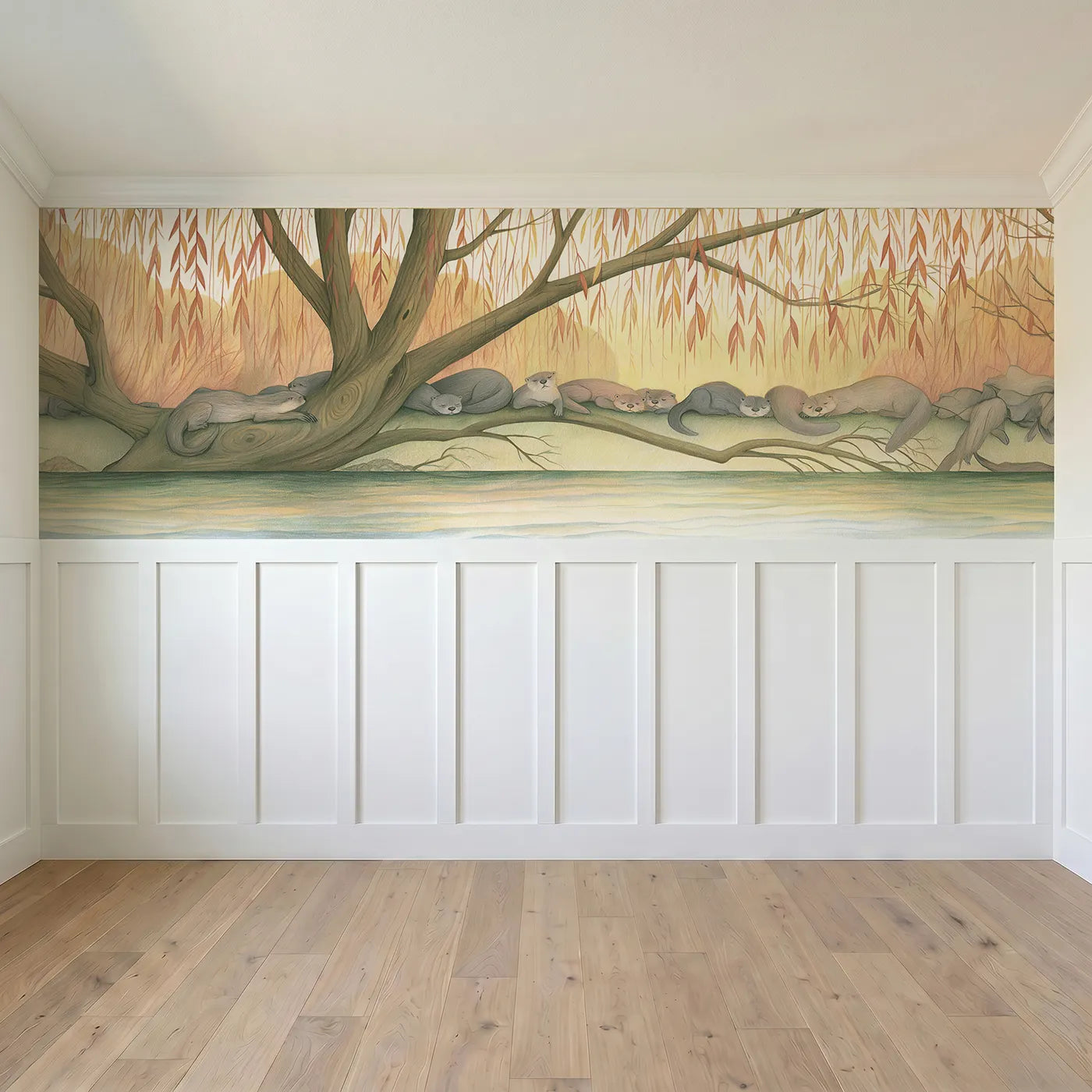 Full panel view of Otters On The Willow Wainscoting Wallpaper by Whimsy Tots