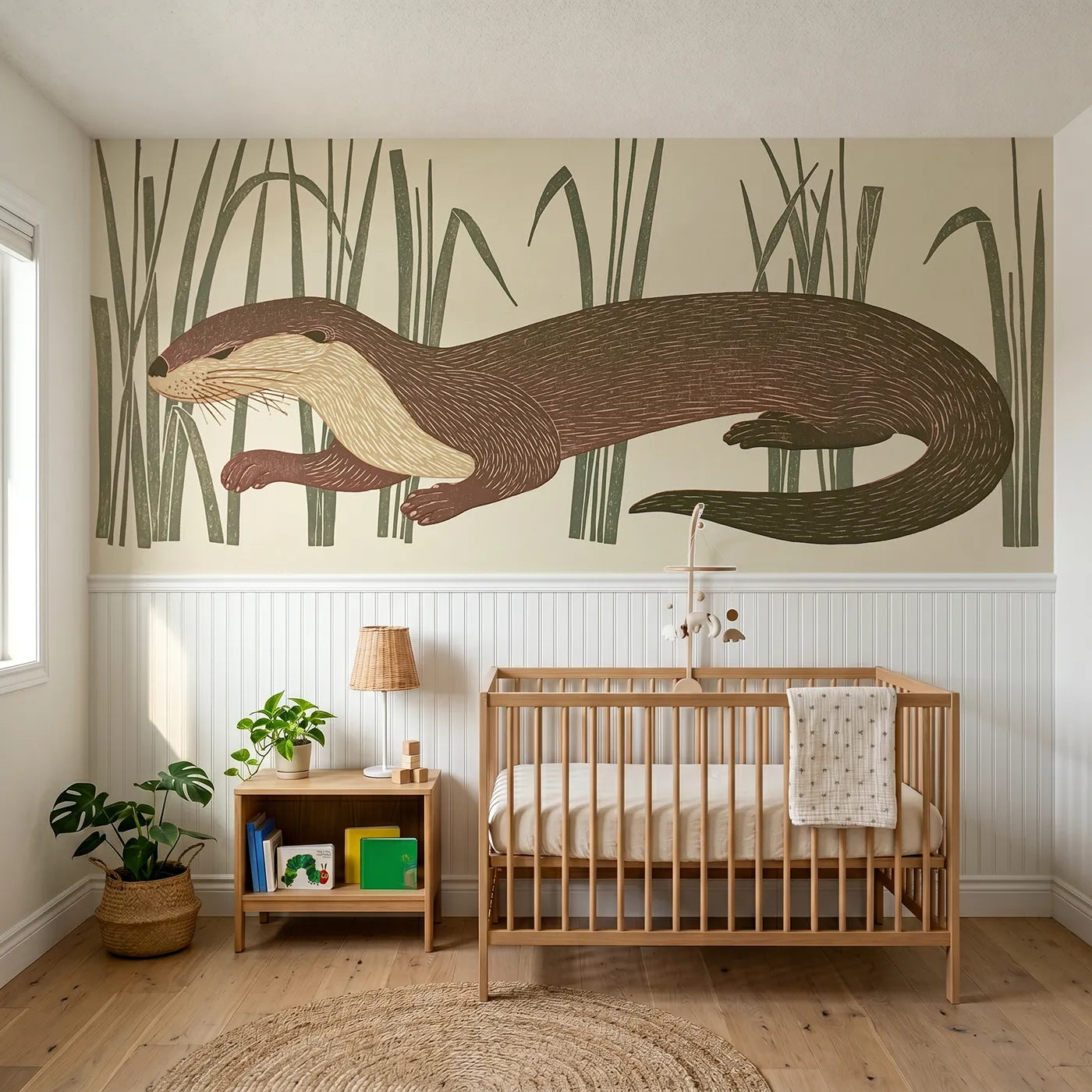 Block print wainscoting wallpaper of a carved otter in the rushes by Whimsy Tots