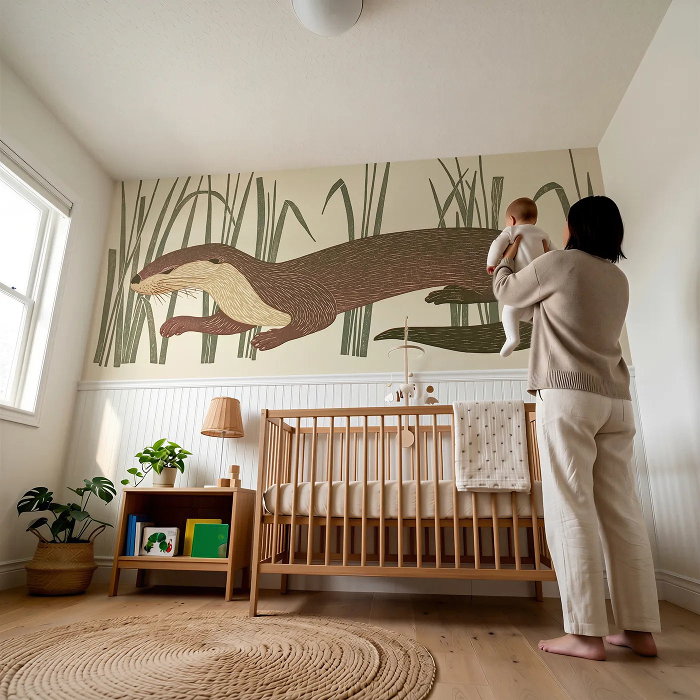 Child reading near Carved Otter In The Rushes Wainscoting Wallpaper by Whimsy Tots