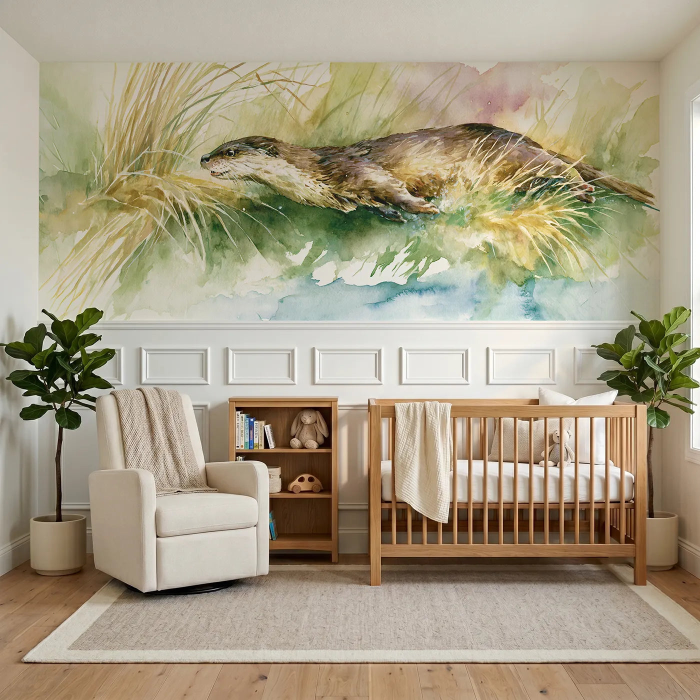 Watercolor wainscoting wallpaper of an otter down the grassy slide by Whimsy Tots