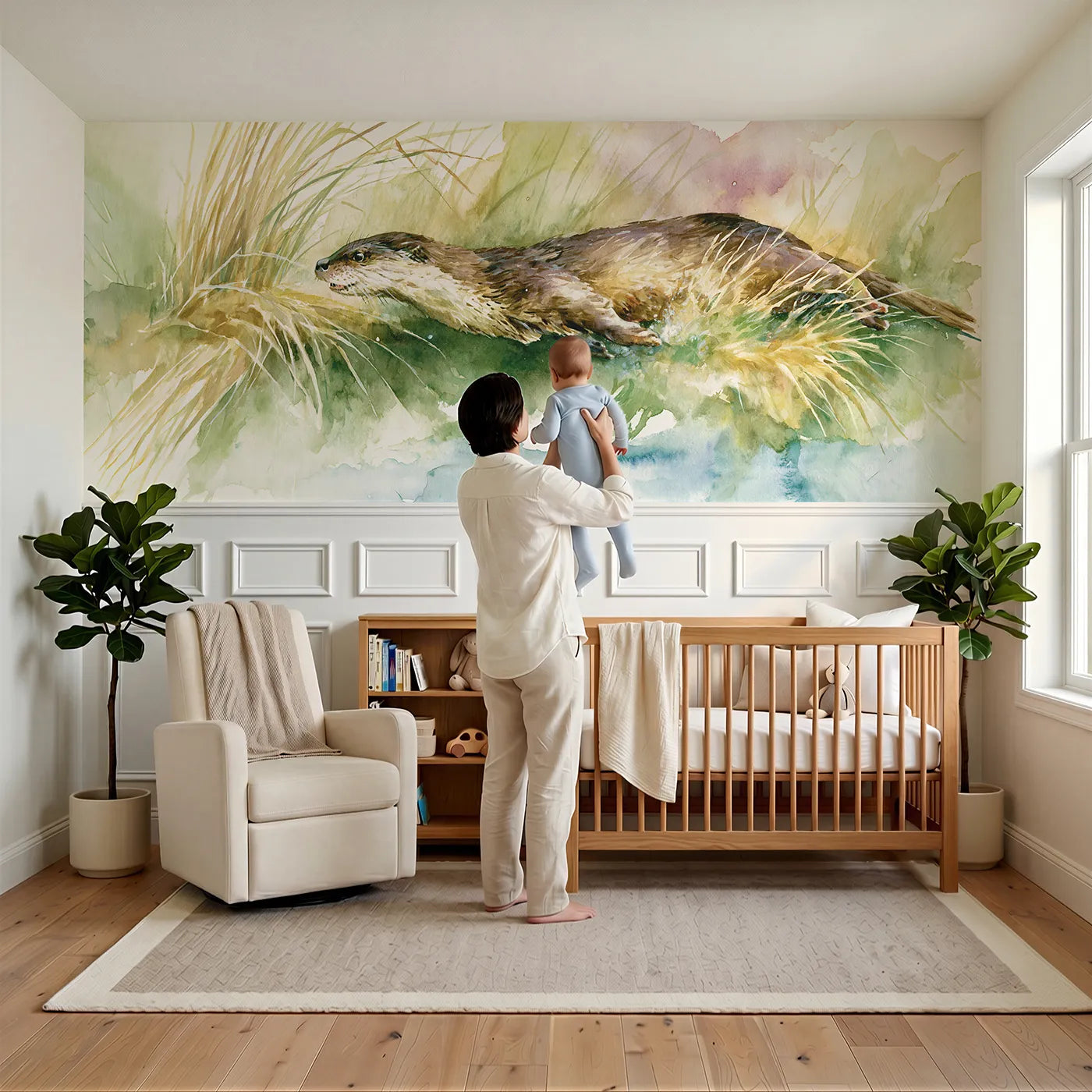 Child reading near Down The Grassy Slide Wainscoting Wallpaper by Whimsy Tots