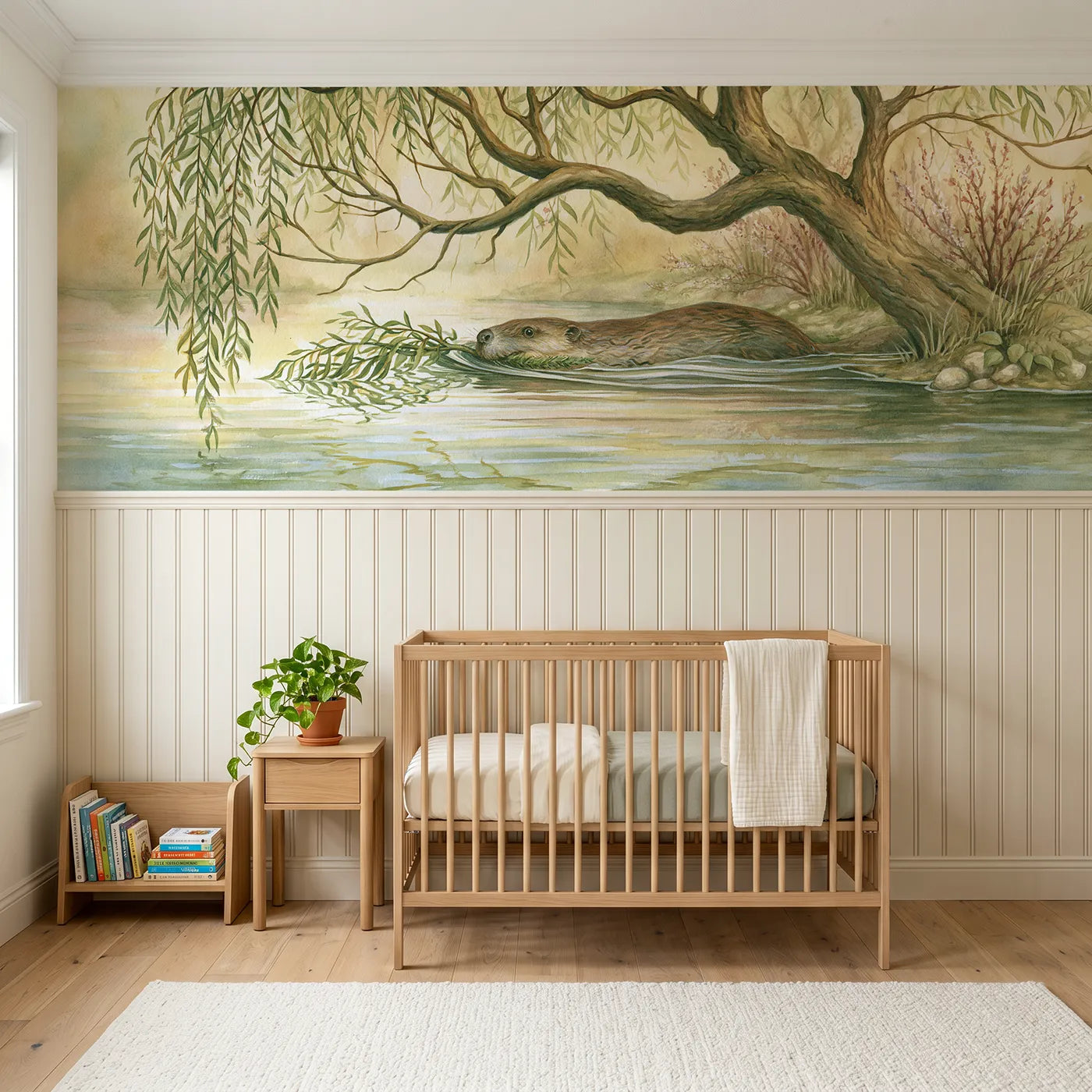 Storybook wainscoting wallpaper of a beaver and the willow branch by Whimsy Tots