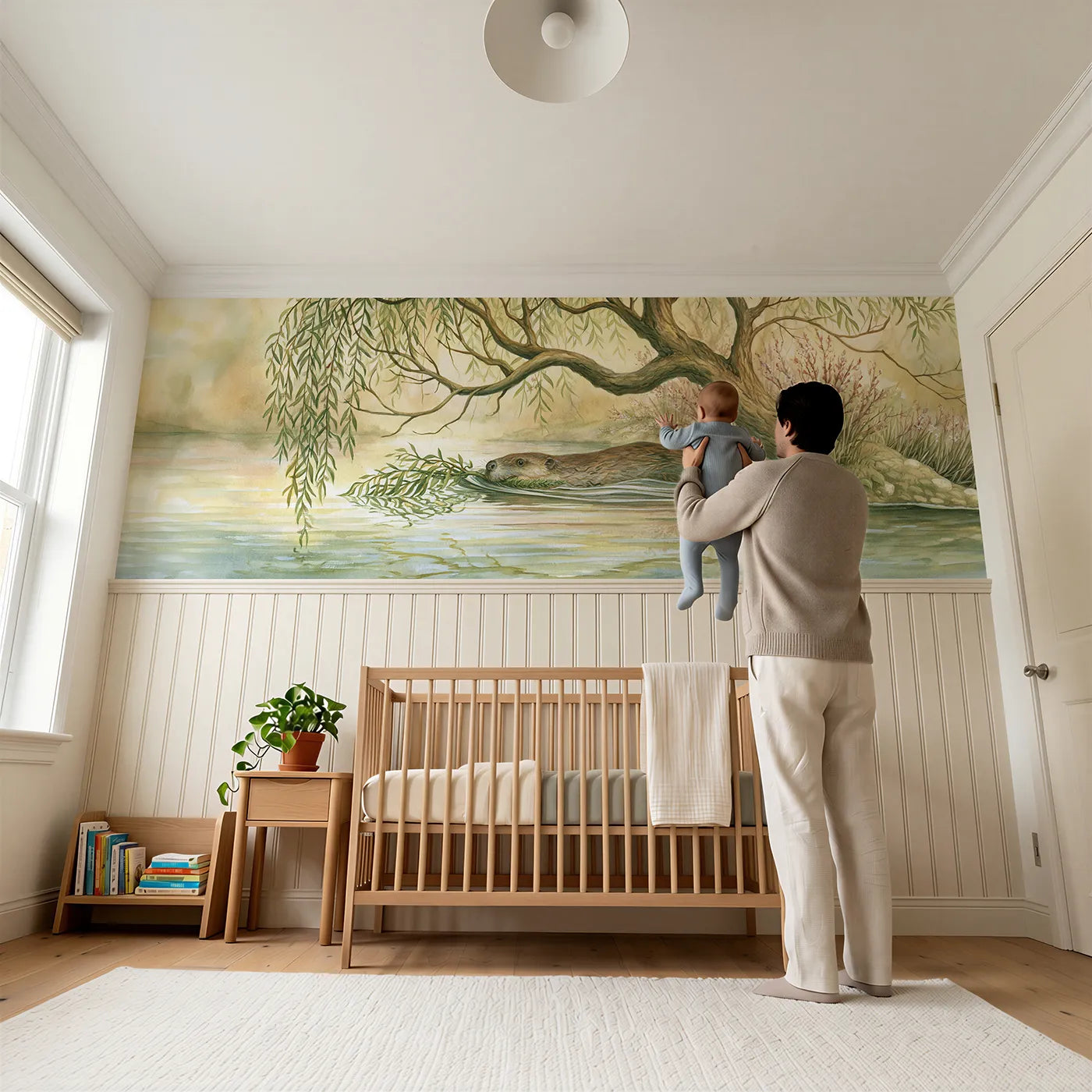 Child reading near Beaver And The Willow Branch Wainscoting Wallpaper by Whimsy Tots
