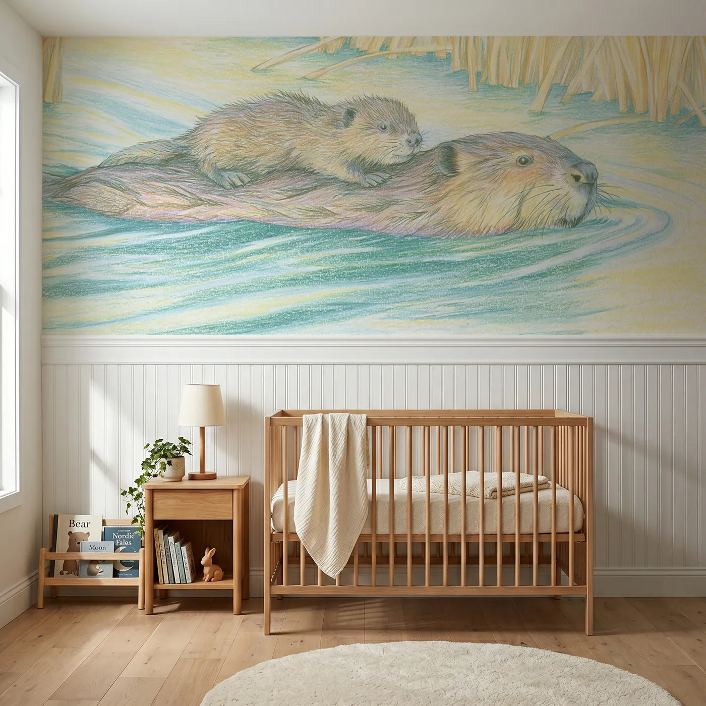 Colored pencil wainscoting wallpaper of a beaver kit riding along by Whimsy Tots