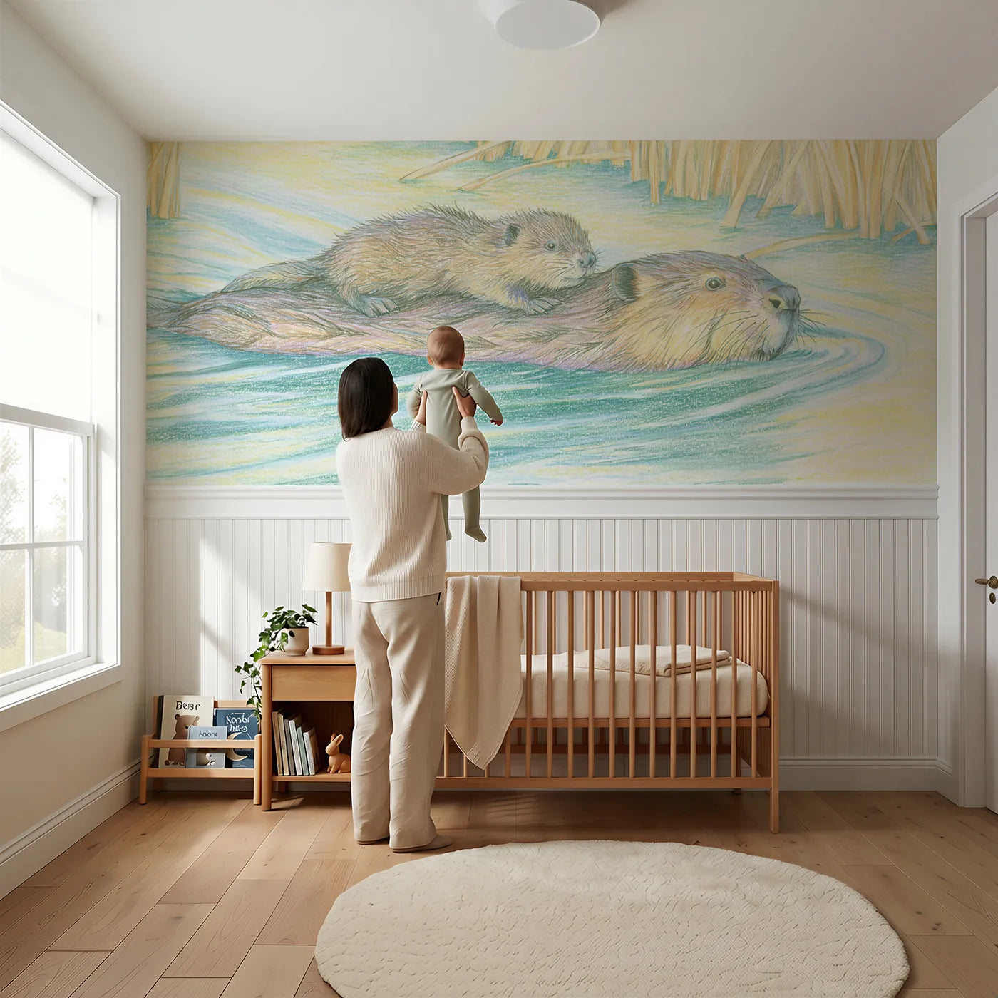 Child reading near Beaver Kit Rides Along Wainscoting Wallpaper by Whimsy Tots