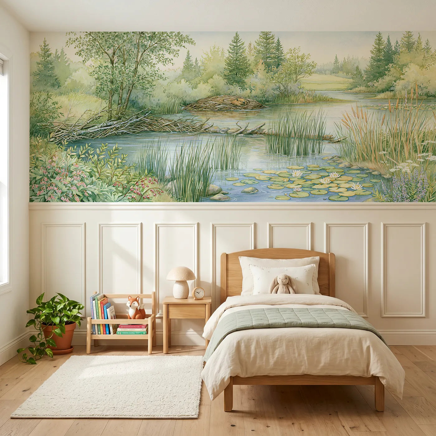 Storybook wainscoting wallpaper of the quiet beaver pond by Whimsy Tots