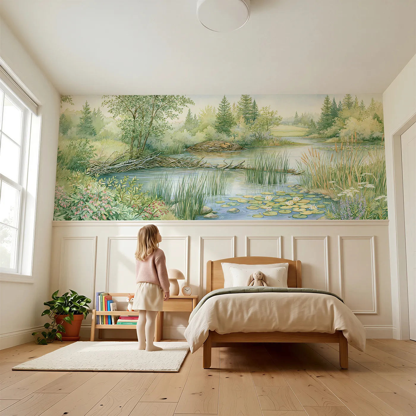Child reading near The Quiet Beaver Pond Wainscoting Wallpaper by Whimsy Tots