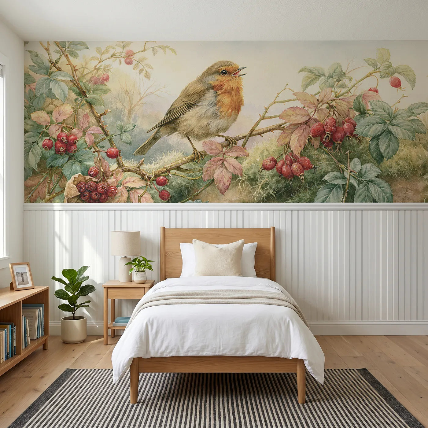 Storybook wainscoting wallpaper of a robin on the berry branch by Whimsy Tots