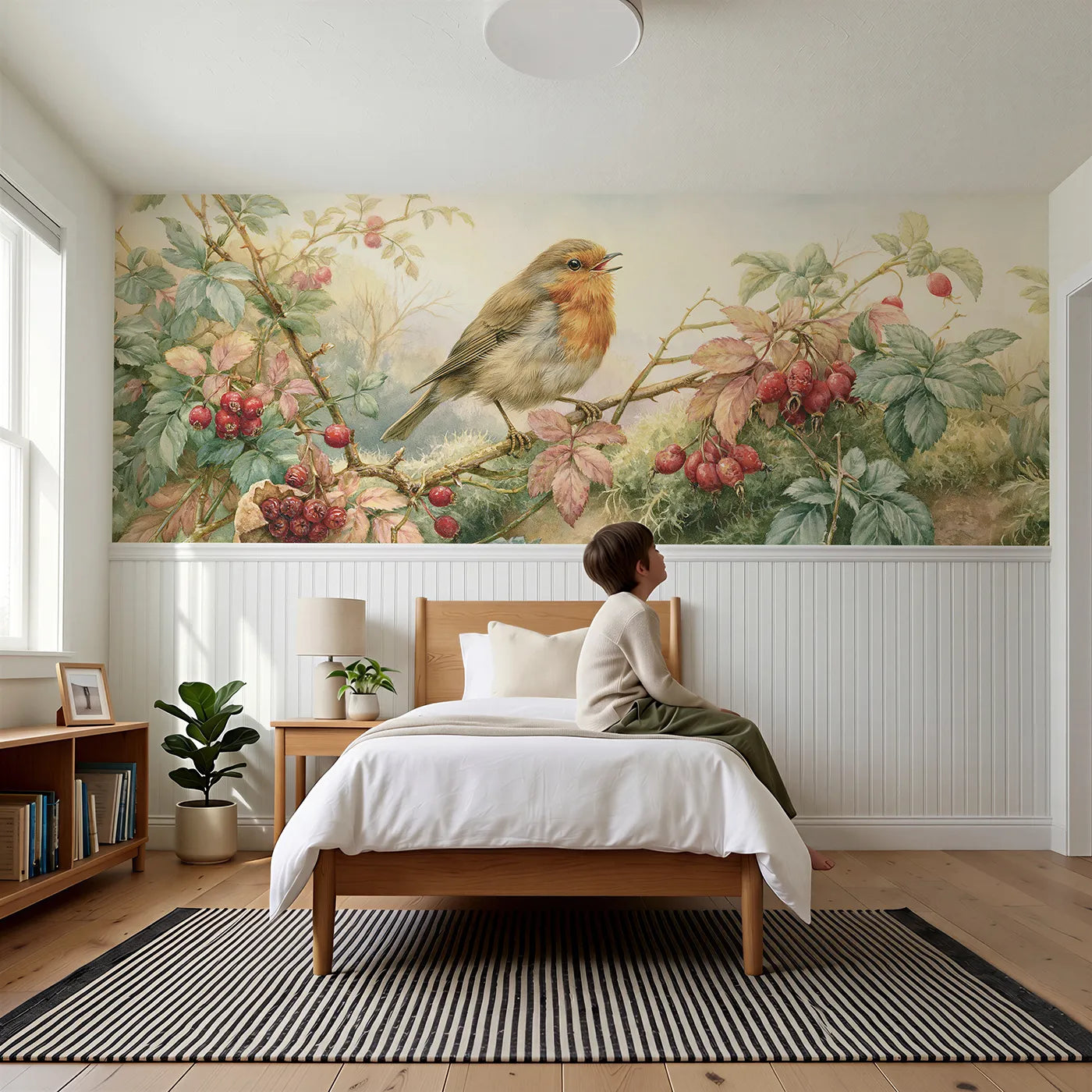 Child reading near Robin On The Berry Branch Wainscoting Wallpaper by Whimsy Tots