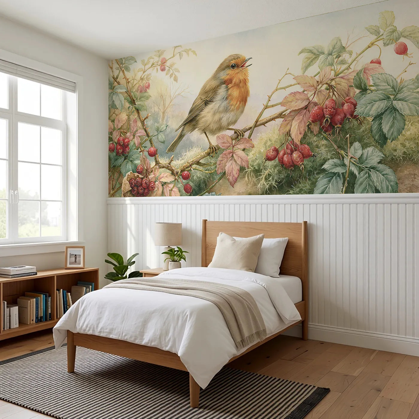 Robin On The Berry Branch Wainscoting Wallpaper styled in a kids room by Whimsy Tots