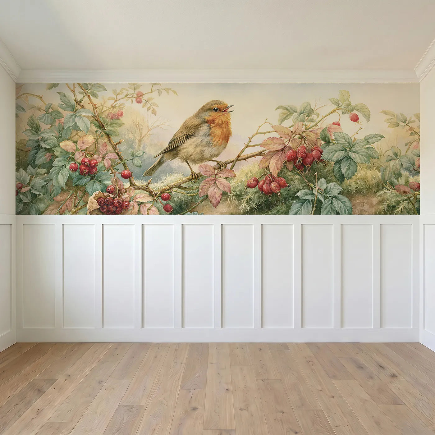Full panel view of Robin On The Berry Branch Wainscoting Wallpaper by Whimsy Tots