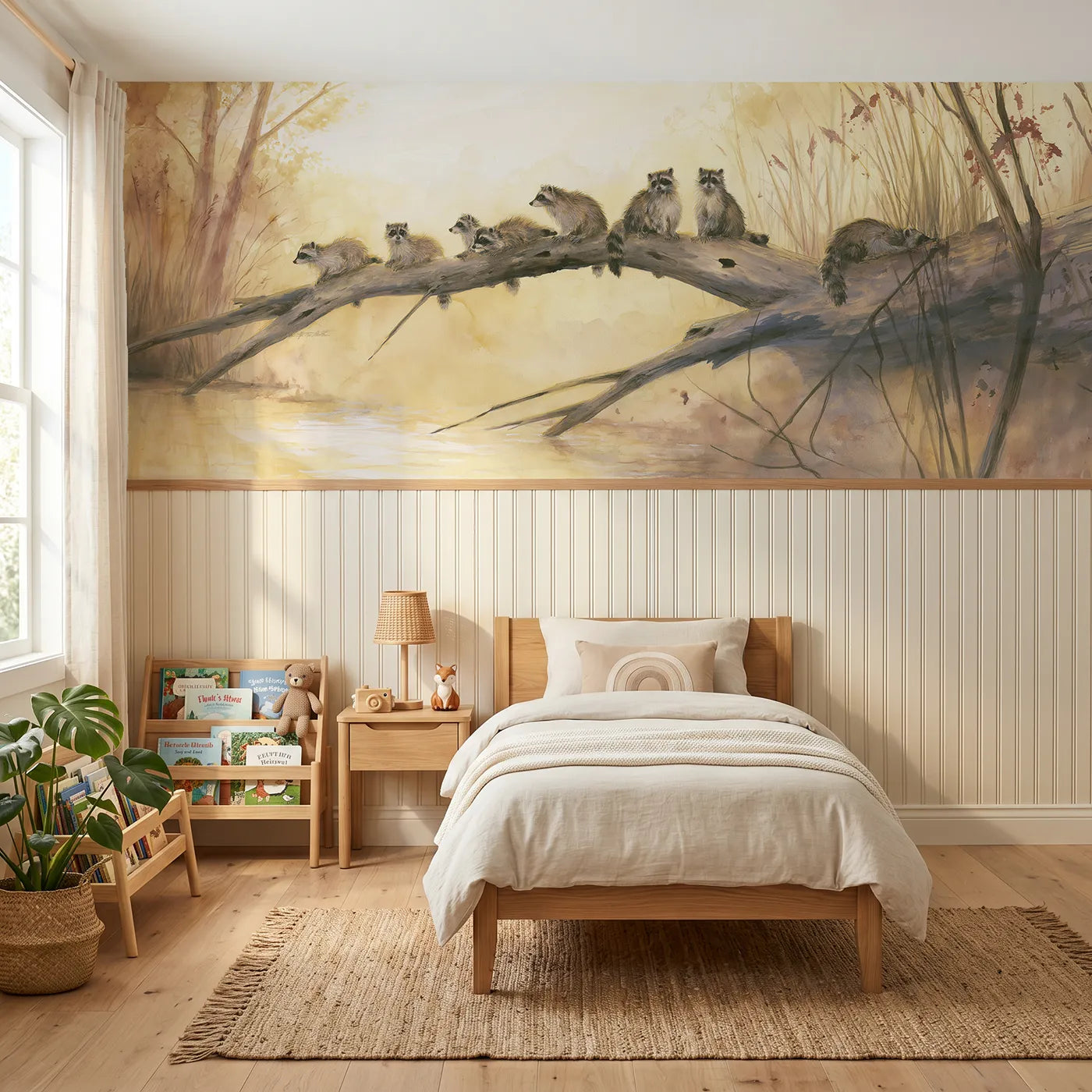 Watercolor wainscoting wallpaper of raccoons on the leaning trunk by Whimsy Tots