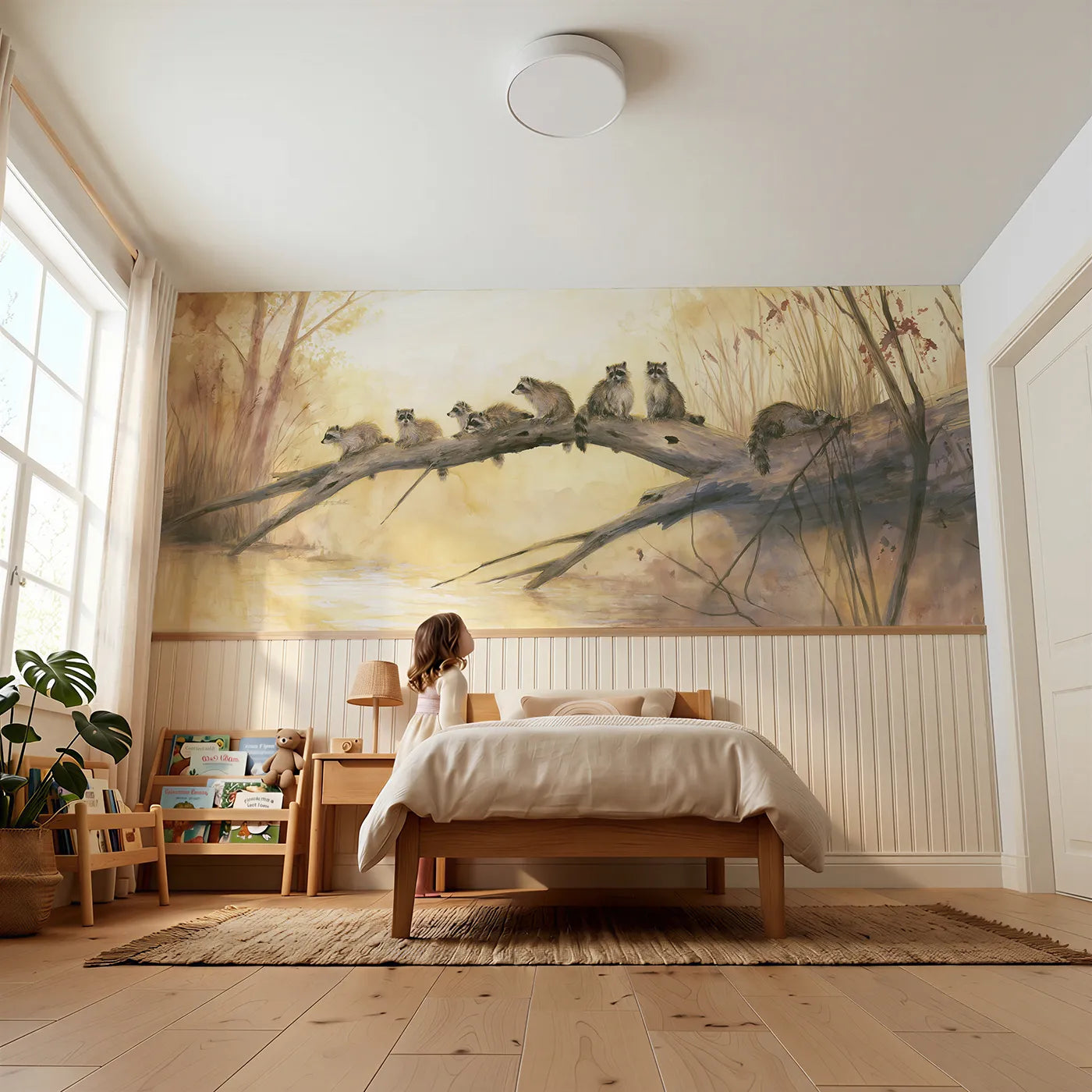 Child reading near Raccoons On The Leaning Trunk Wainscoting Wallpaper by Whimsy Tots