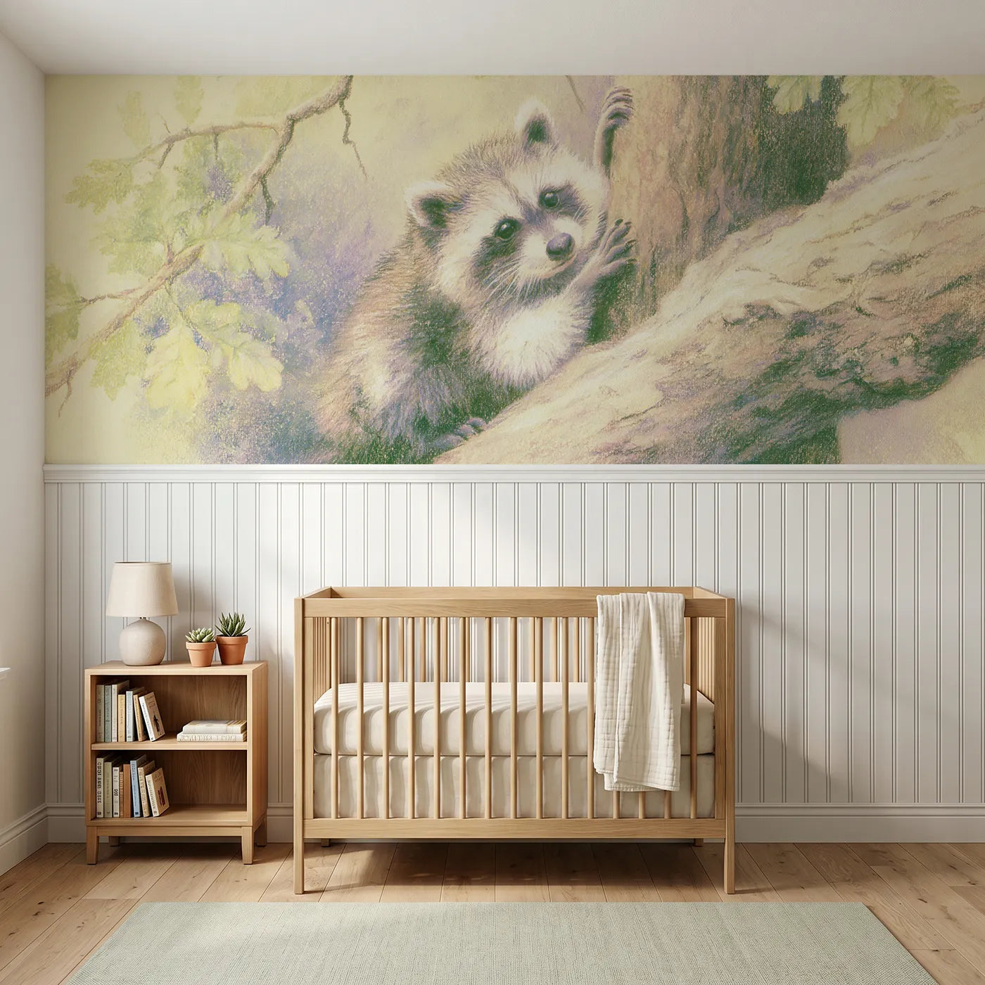 Soft pastel wainscoting wallpaper of a raccoon kit learning to climb by Whimsy Tots