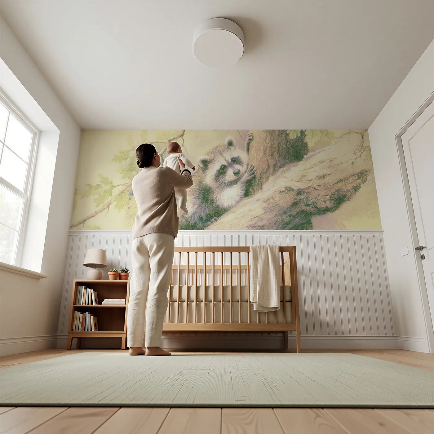 Child reading near Learning To Climb Wainscoting Wallpaper by Whimsy Tots