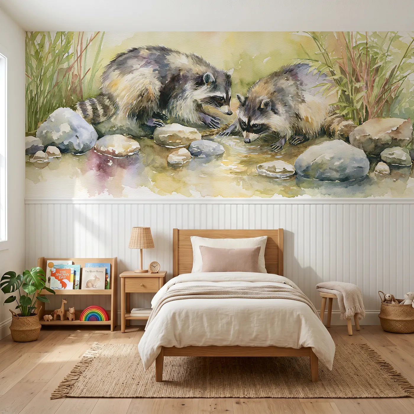 Watercolor wainscoting wallpaper of raccoons at the stream stones by Whimsy Tots