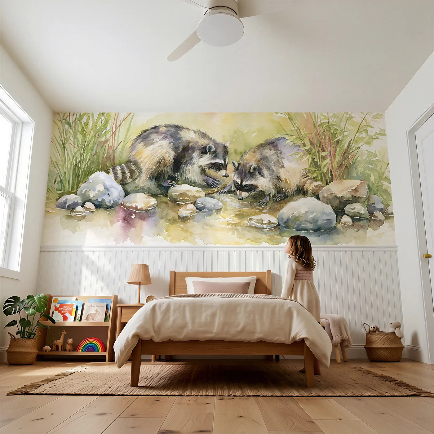 Child reading near Raccoons At The Stream Stones Wainscoting Wallpaper by Whimsy Tots