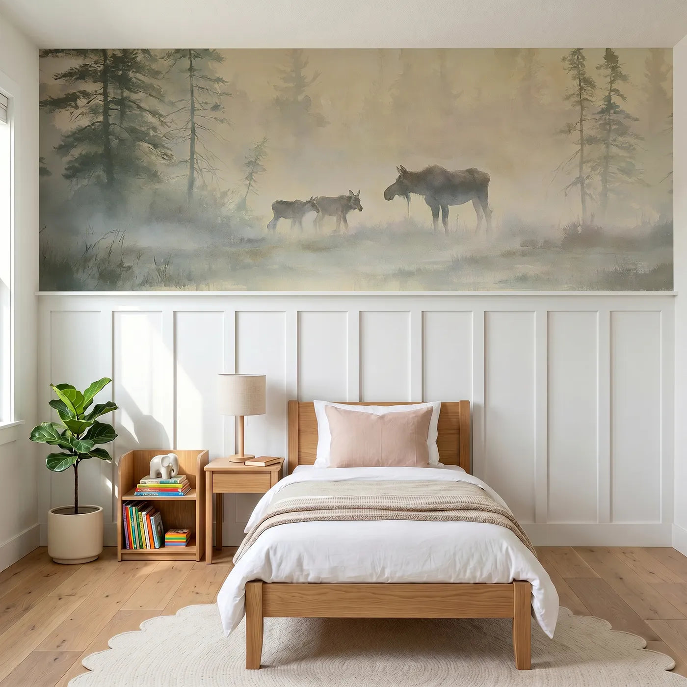 Watercolor wainscoting wallpaper of a moose cow and calf by Whimsy Tots
