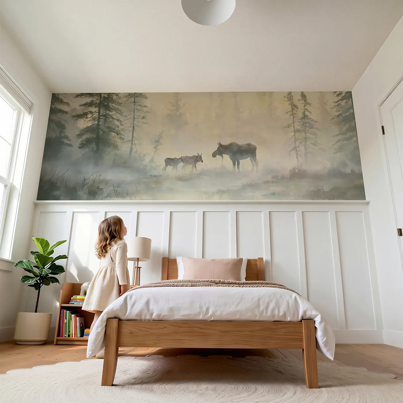 Child reading near Moose Cow And Calf Wainscoting Wallpaper by Whimsy Tots