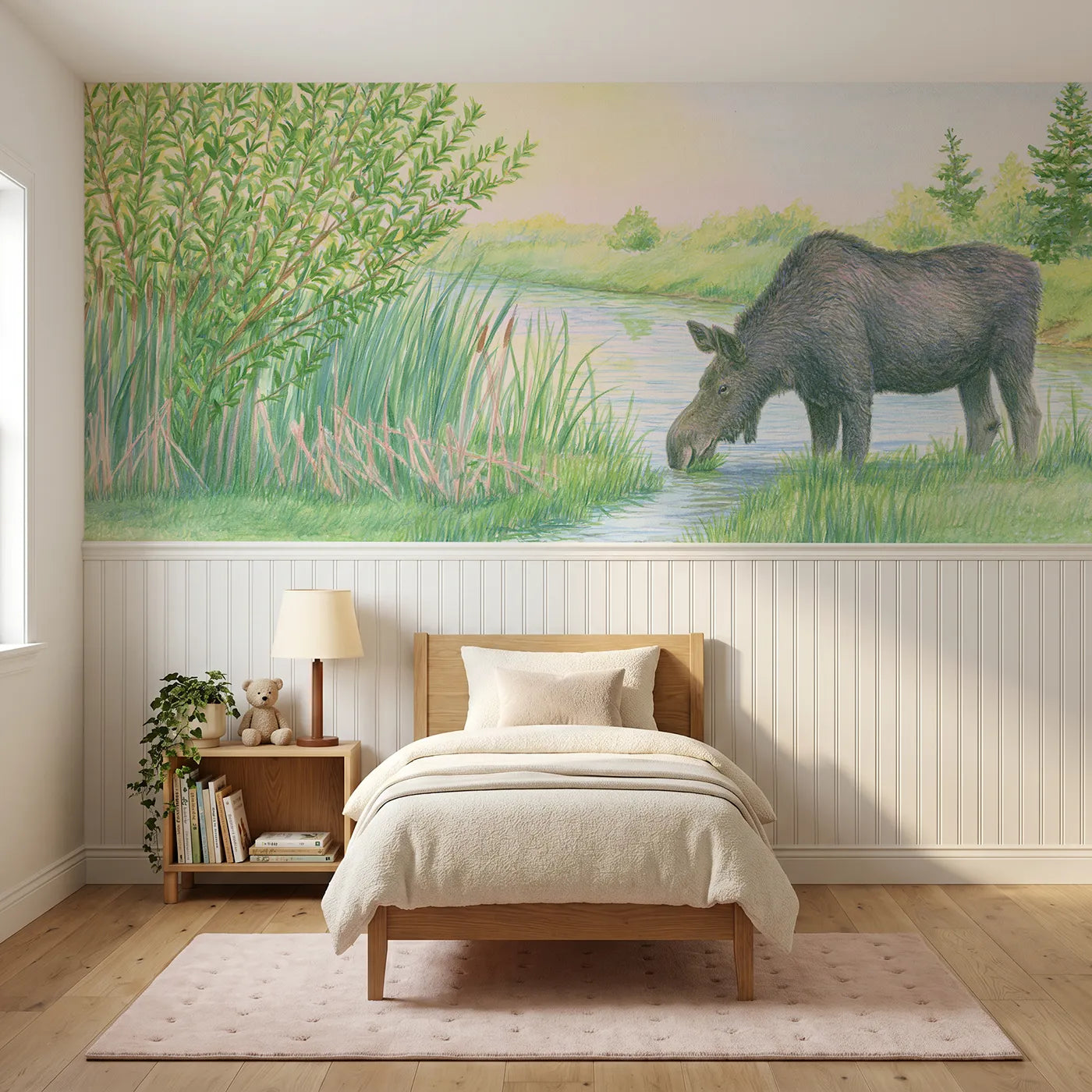 Colored pencil wainscoting wallpaper of a moose in the willows by Whimsy Tots