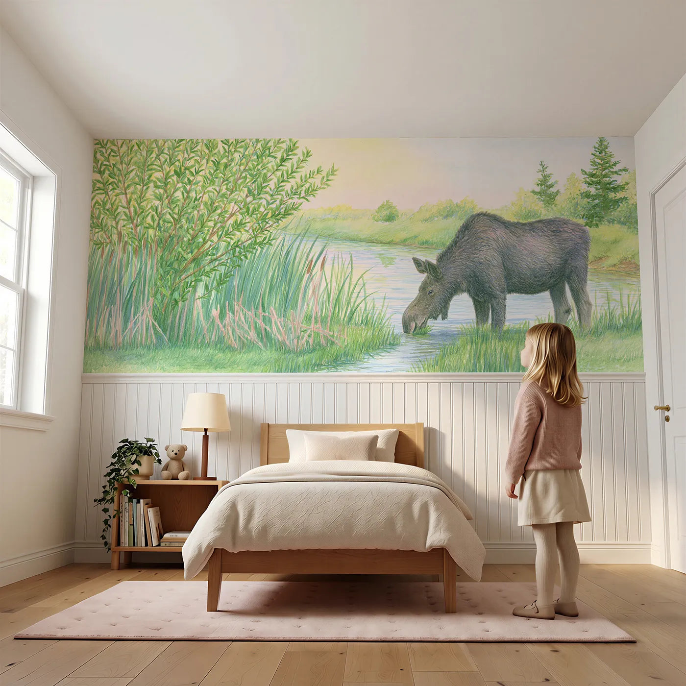 Child reading near Moose In The Willows Wainscoting Wallpaper by Whimsy Tots