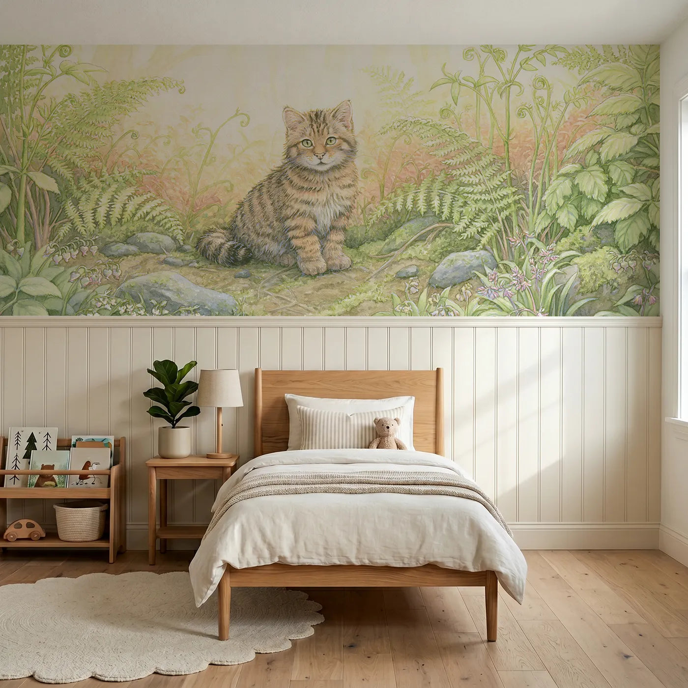 Colored pencil wainscoting wallpaper of a wildcat kitten in the bracken by Whimsy Tots