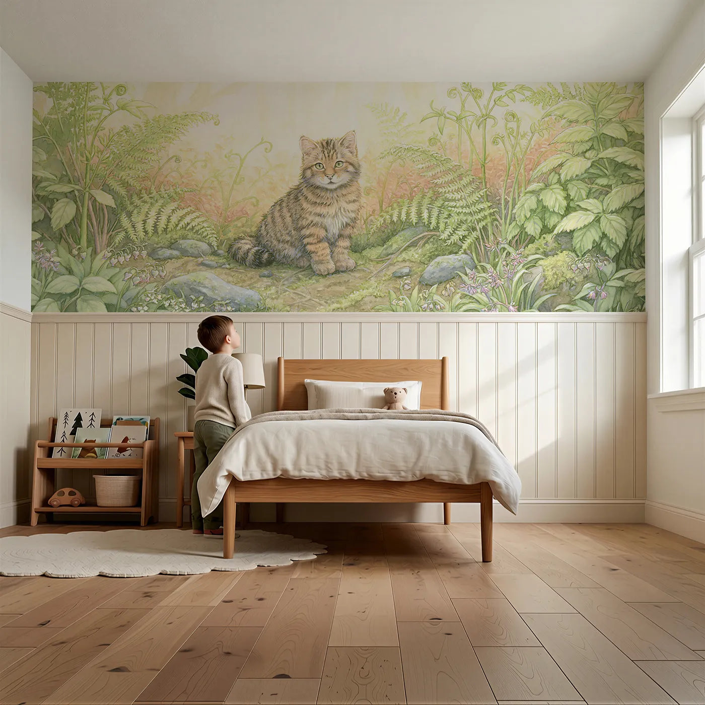 Child reading near Wildcat Kitten In The Bracken Wainscoting Wallpaper by Whimsy Tots