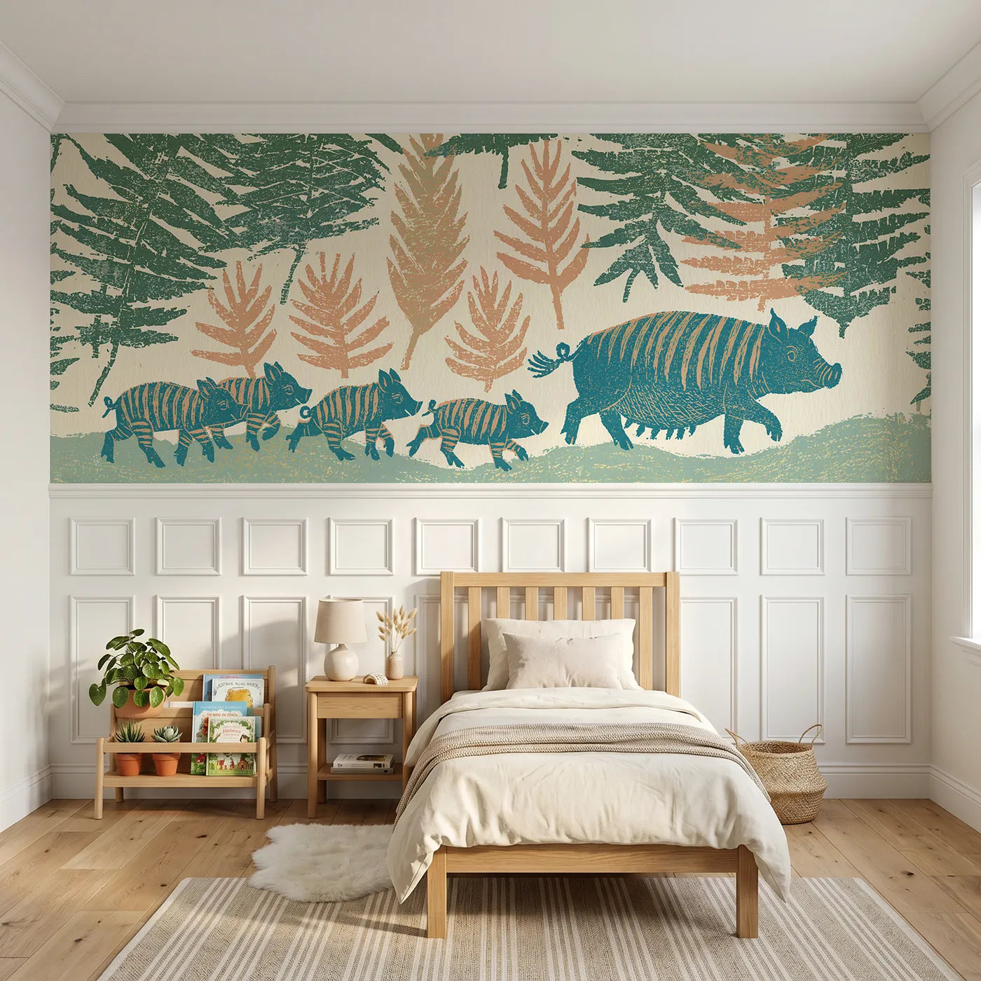 Block print wainscoting wallpaper of striped piglets in a line by Whimsy Tots