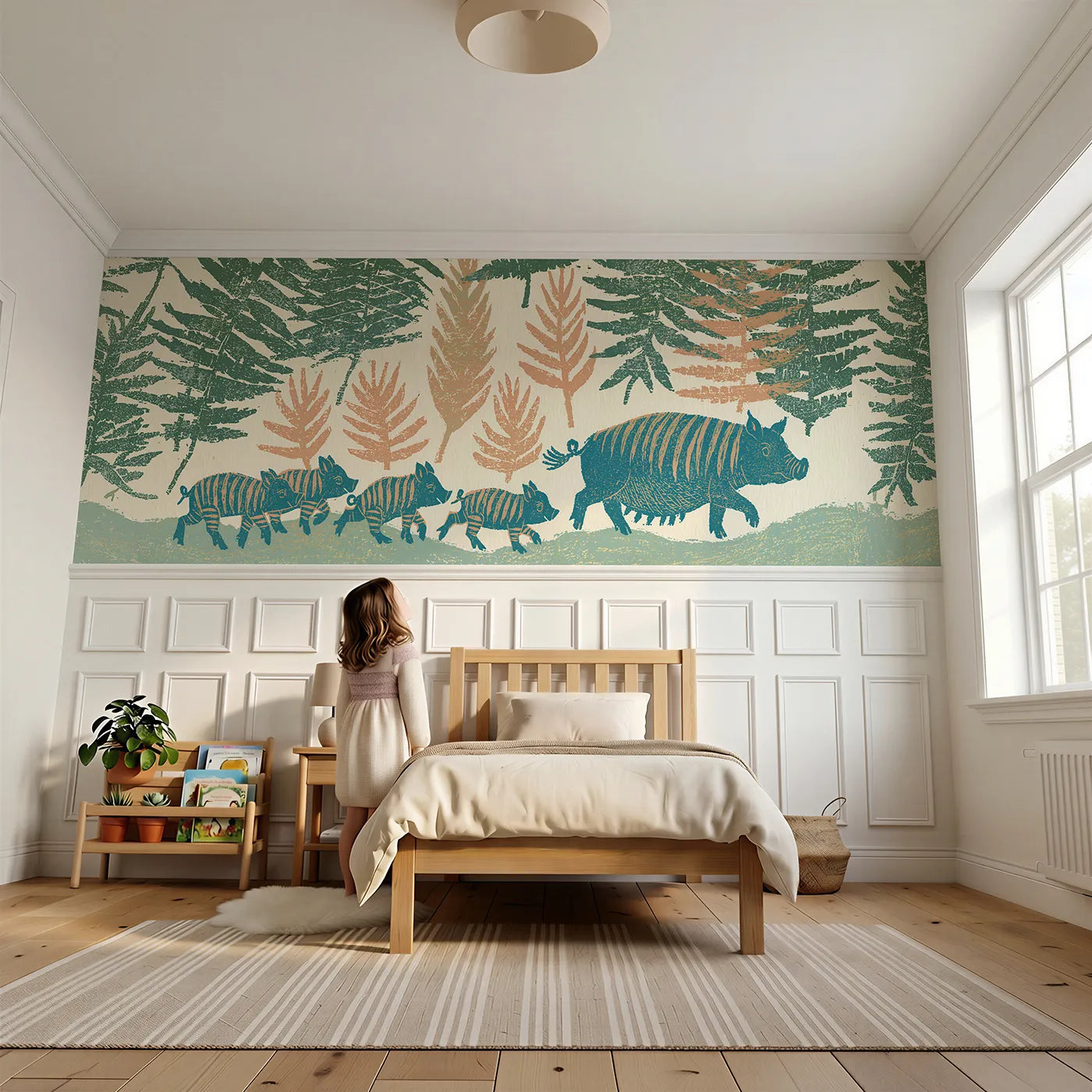 Child reading near Striped Piglets In A Line Wainscoting Wallpaper by Whimsy Tots