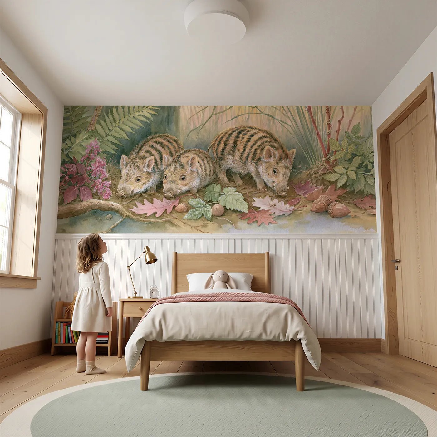 Child reading near Rooting In The Leaf Litter Wainscoting Wallpaper by Whimsy Tots