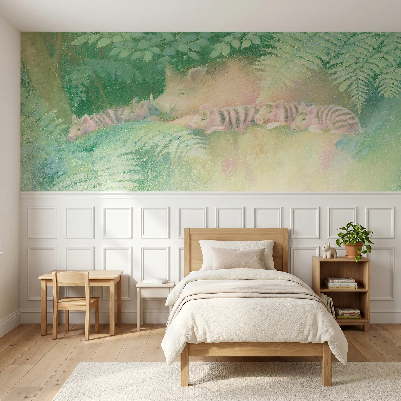 Soft pastel wainscoting wallpaper of resting in the fern shade by Whimsy Tots