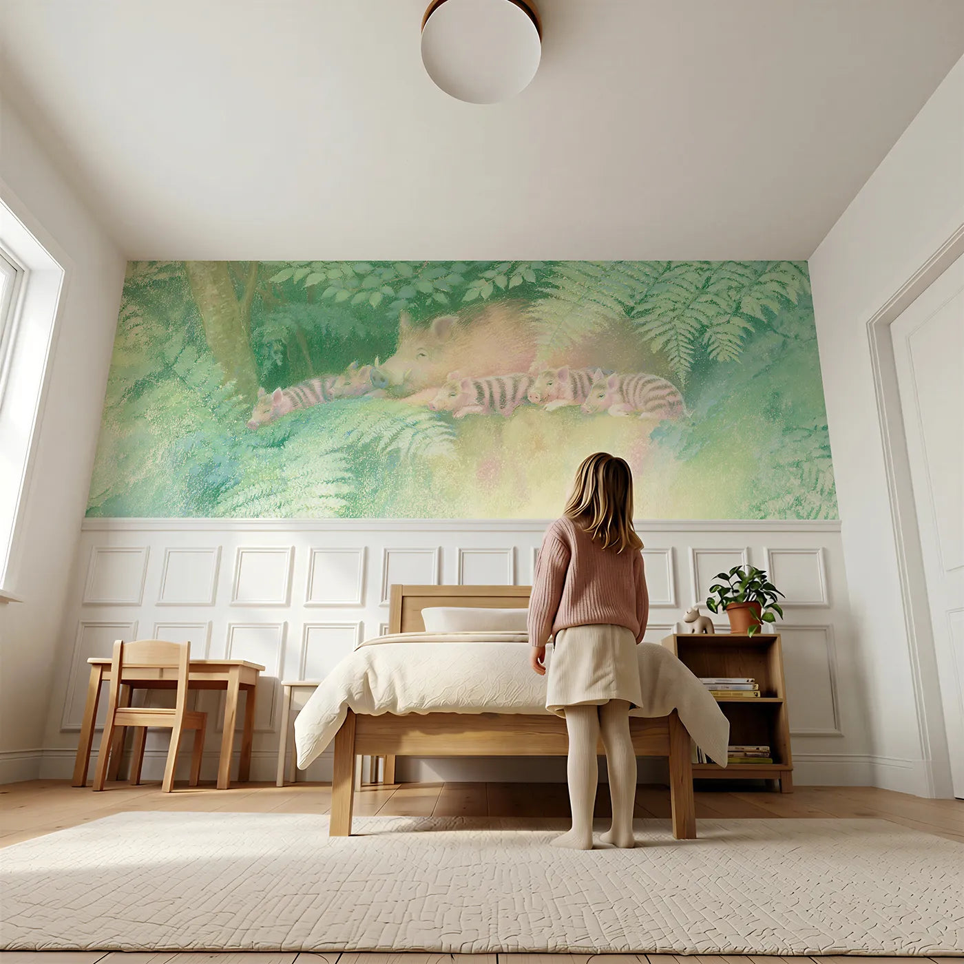 Child reading near Resting In The Fern Shade Wainscoting Wallpaper by Whimsy Tots