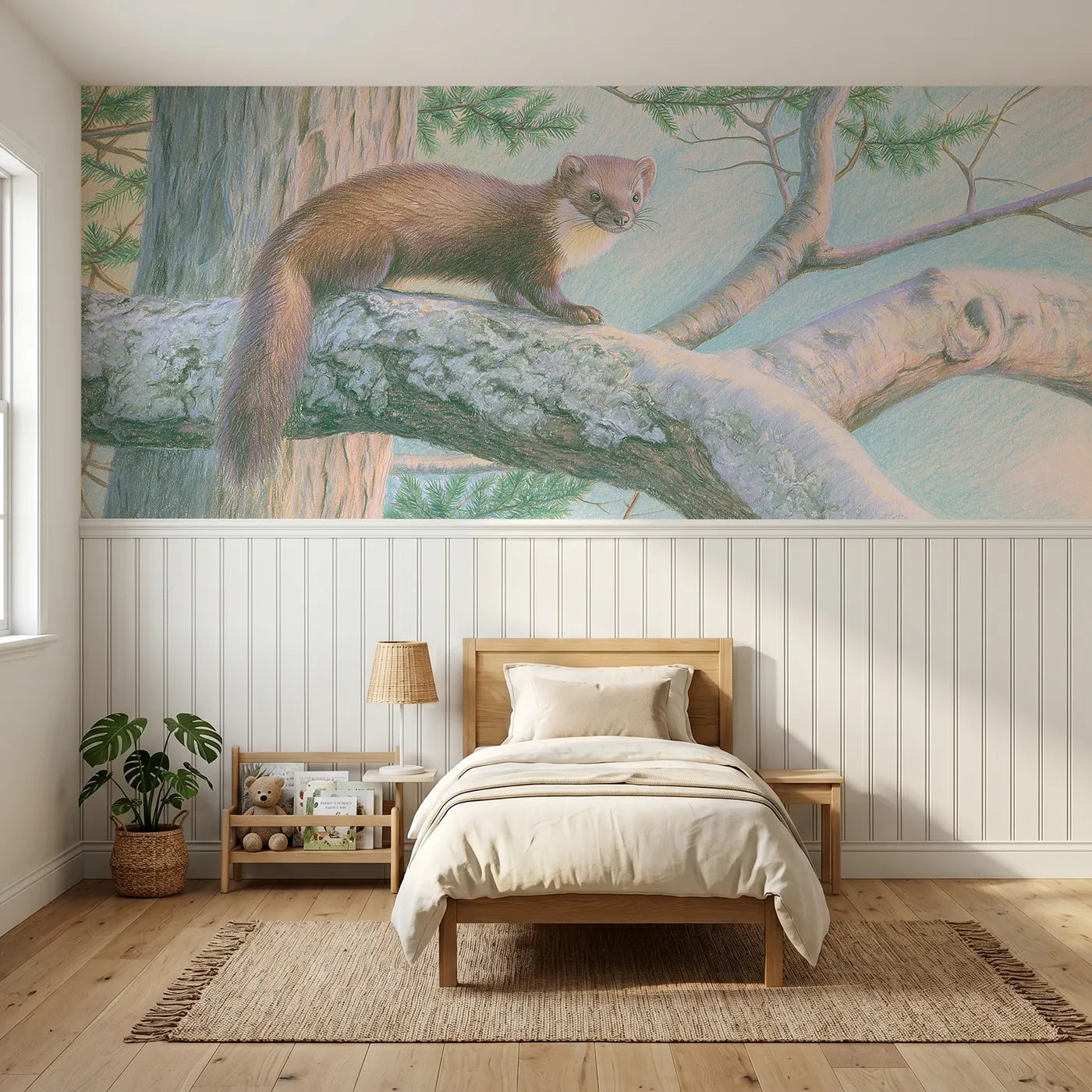 Colored pencil wainscoting wallpaper of a pine marten on a high branch by Whimsy Tots
