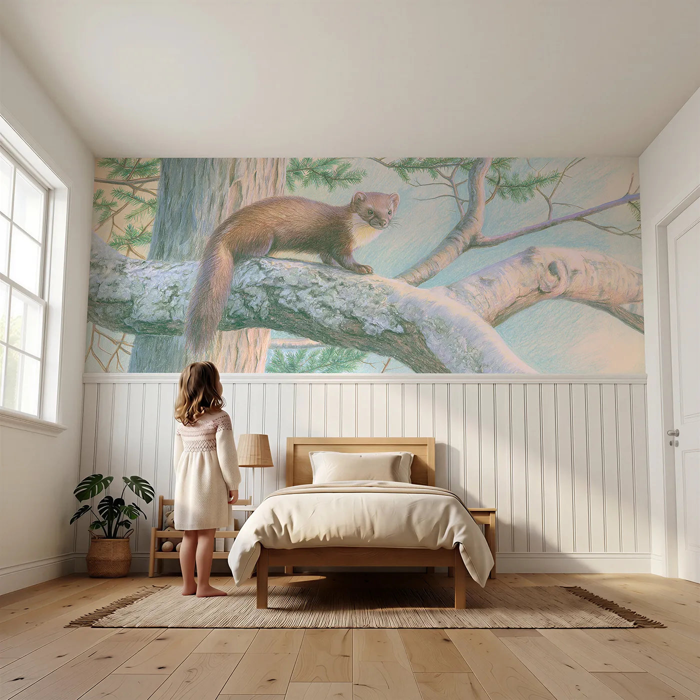 Child reading near Pine Marten High Branch Wainscoting Wallpaper by Whimsy Tots