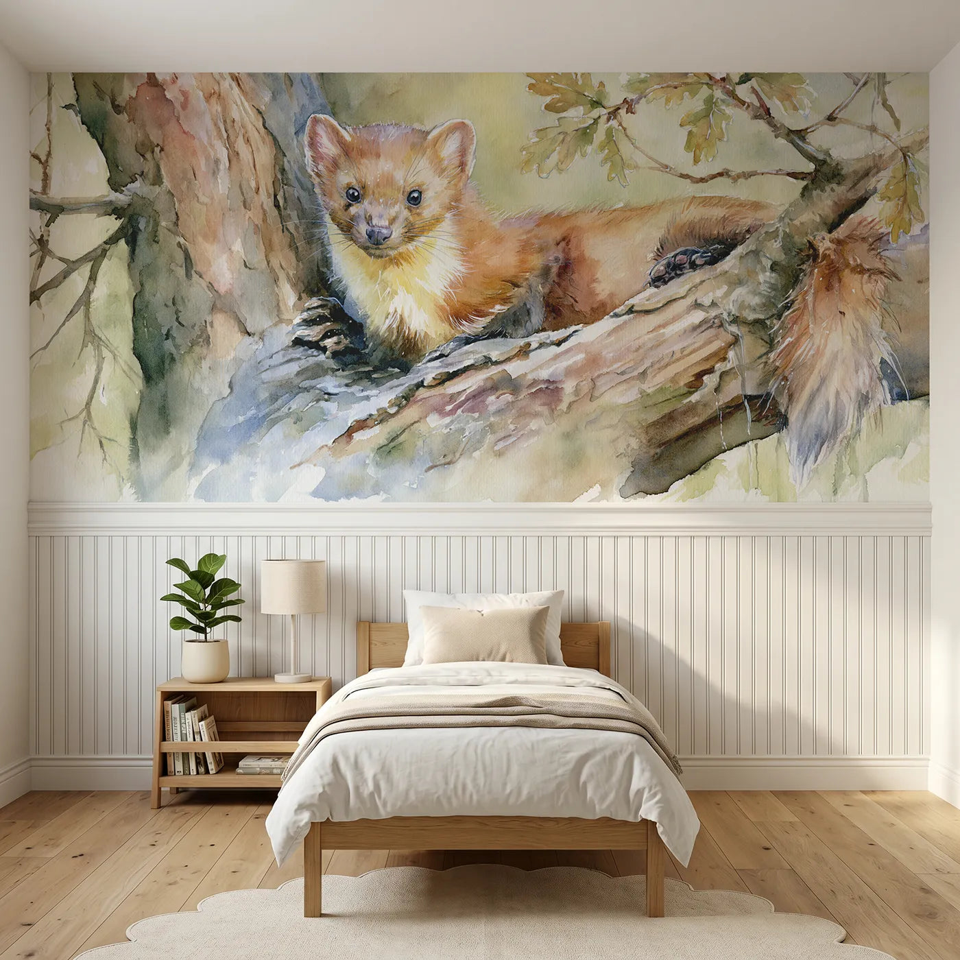 Watercolor wainscoting wallpaper of a marten round the trunk by Whimsy Tots