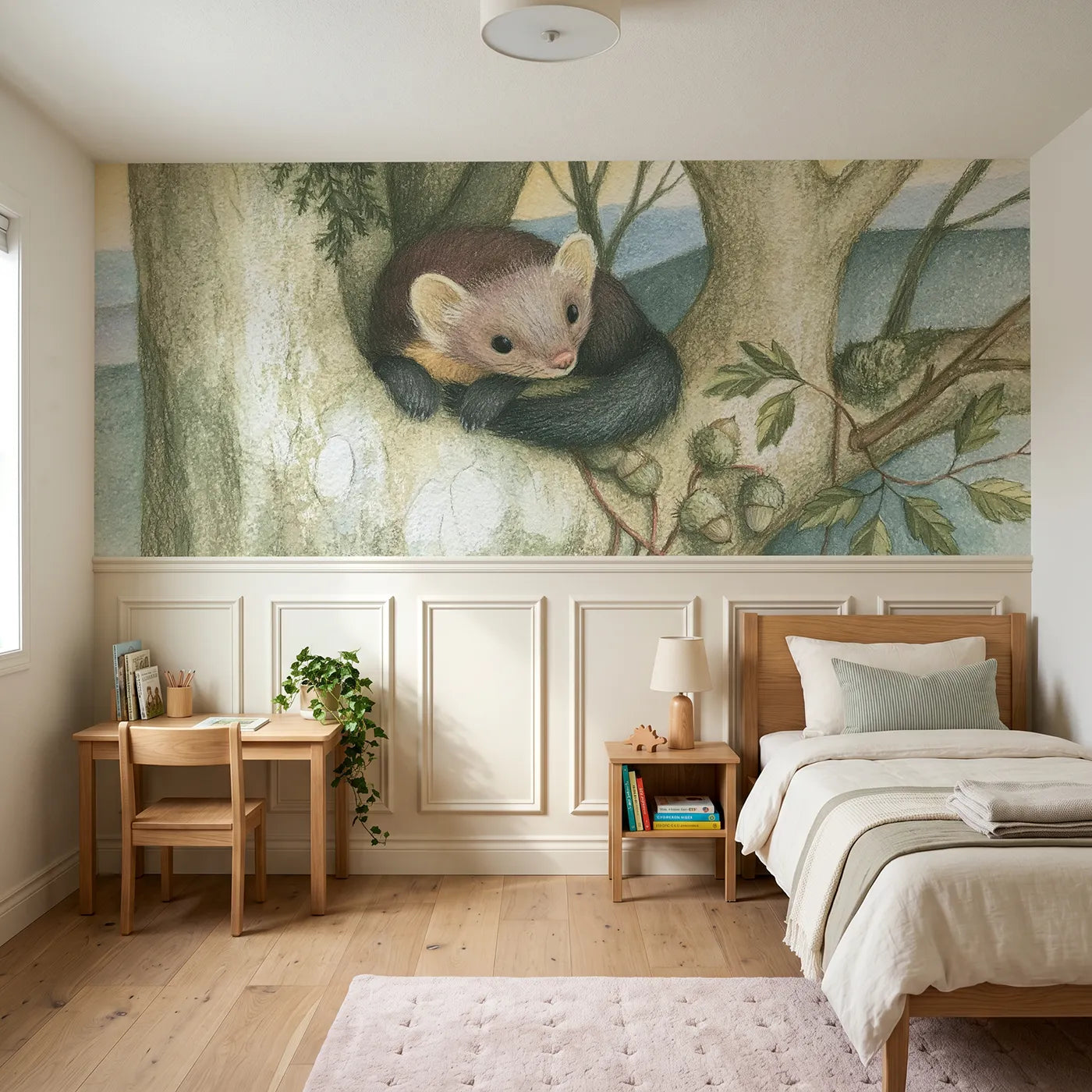 Colored pencil wainscoting wallpaper of a marten curled in the high fork by Whimsy Tots