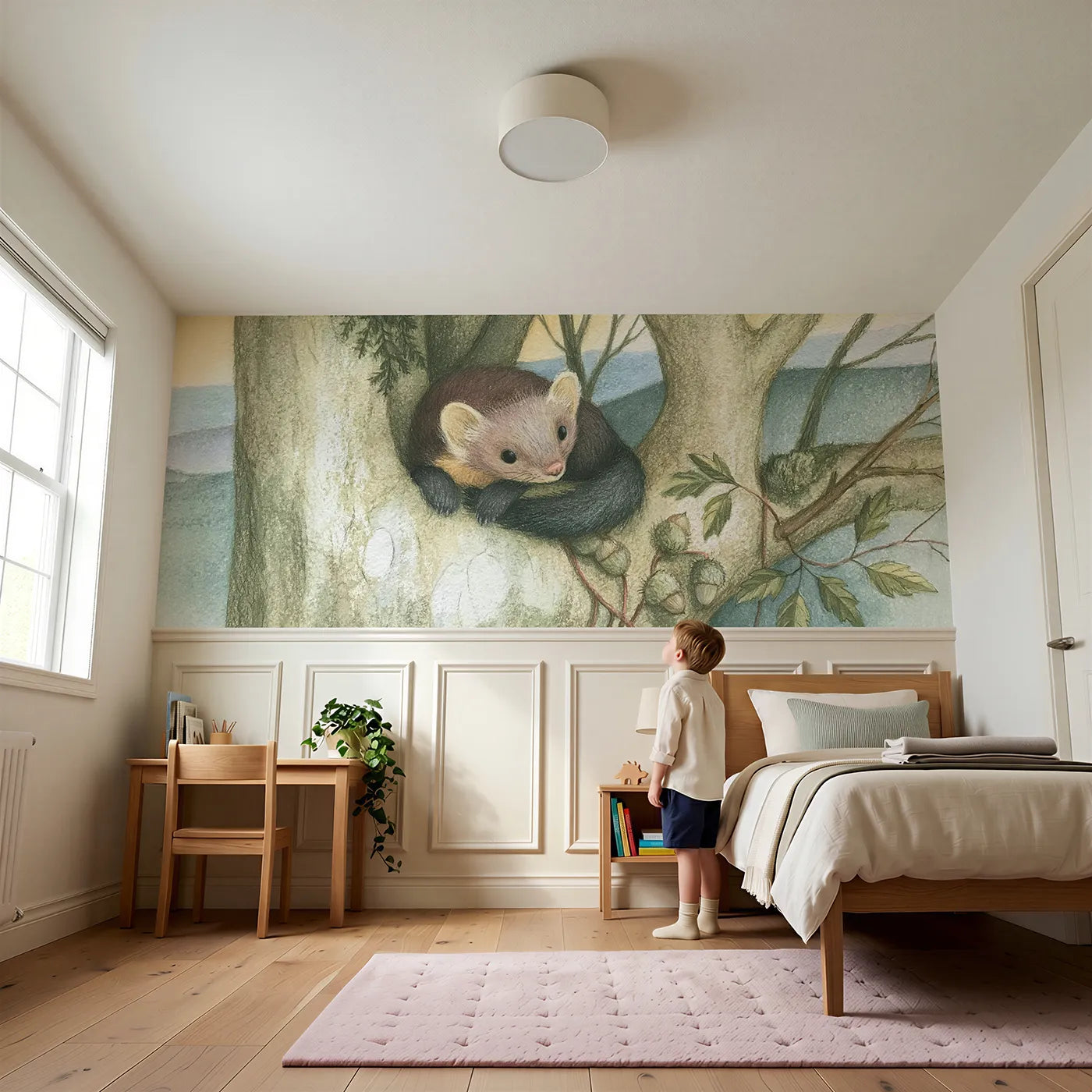 Child reading near Curled In The High Fork Wainscoting Wallpaper by Whimsy Tots